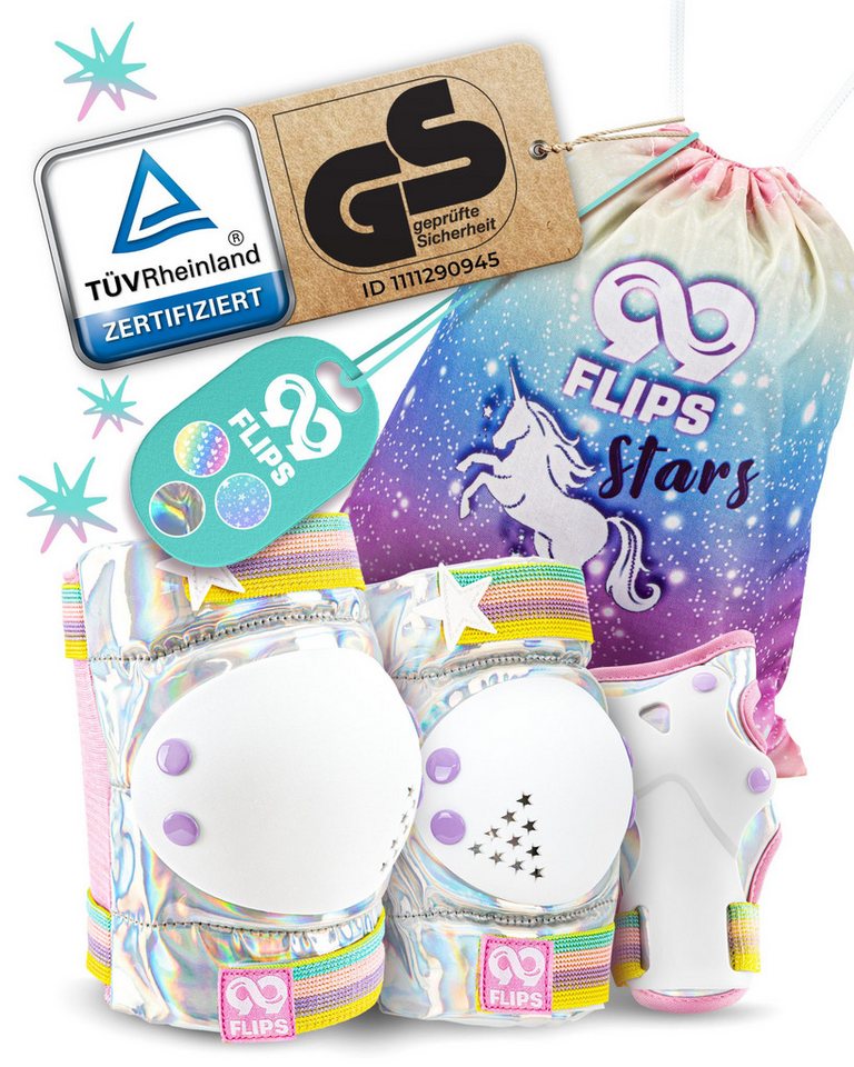 99FLIPS Protektoren-Set 3-12 Jahre - Einhorn Knieschoner Kinder Schlittschuh Schoner Set (Schützer Set Kinder für Skateboard Inline Skates Rollschuhe, 7-tlg., Knieschützer, Ellenbogen Schoner, Handschoner mit Einhorn Tasche), Schützer für kinder Mädchen K