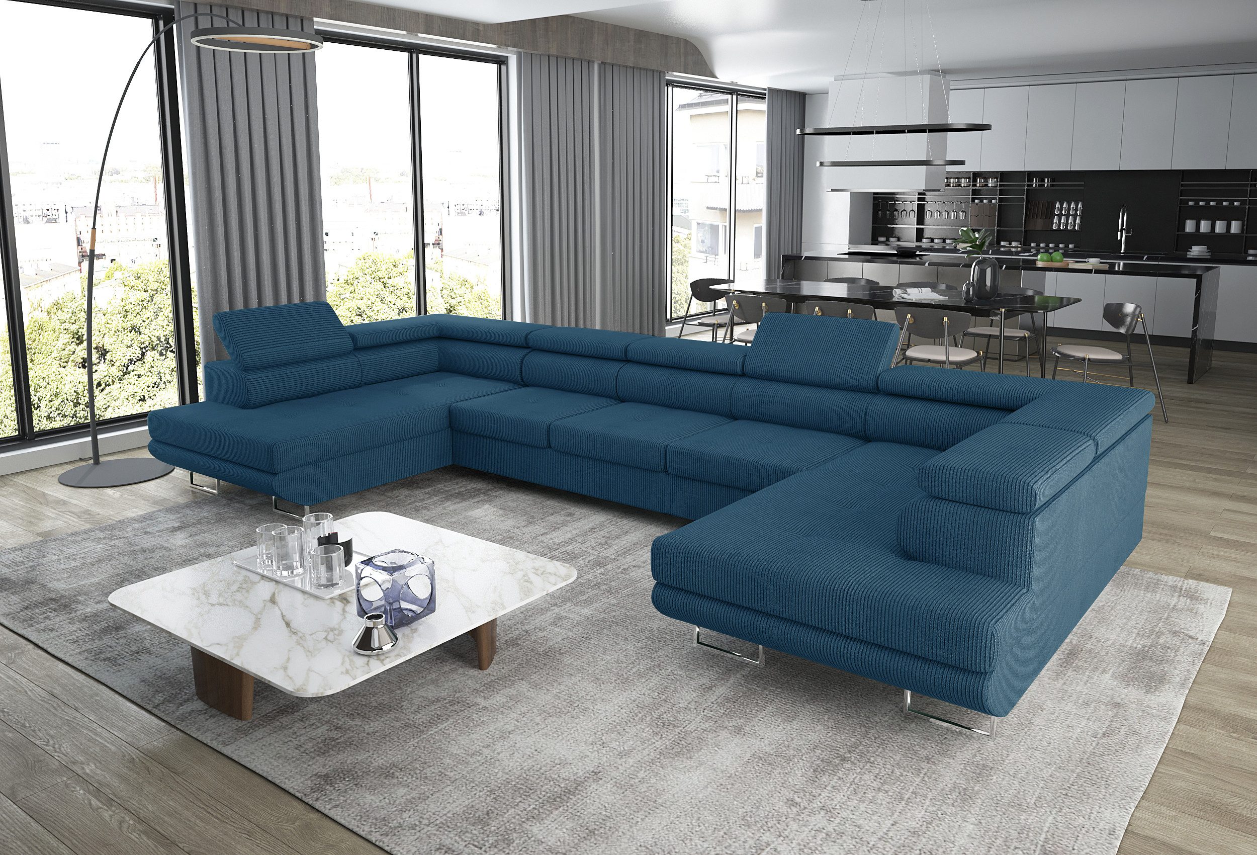 Goldstoff Wohnlandschaft "ASTON" U Form mit Schlaffunktion XXL Couch Sofa, Komfortable U Form Couch mit Bettkasten und Schlaffunktion 1 Teile, U Form Sofa mit Bettkasten moderne Wohnlandschaft Couch XXL