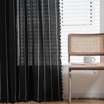 Vorhang Vorhang Vorhang aus garngefärbtem schwarzem Boden Quaste, AUKUU, kleines Fenster Küchenvorhang Baumwolle und Leinen