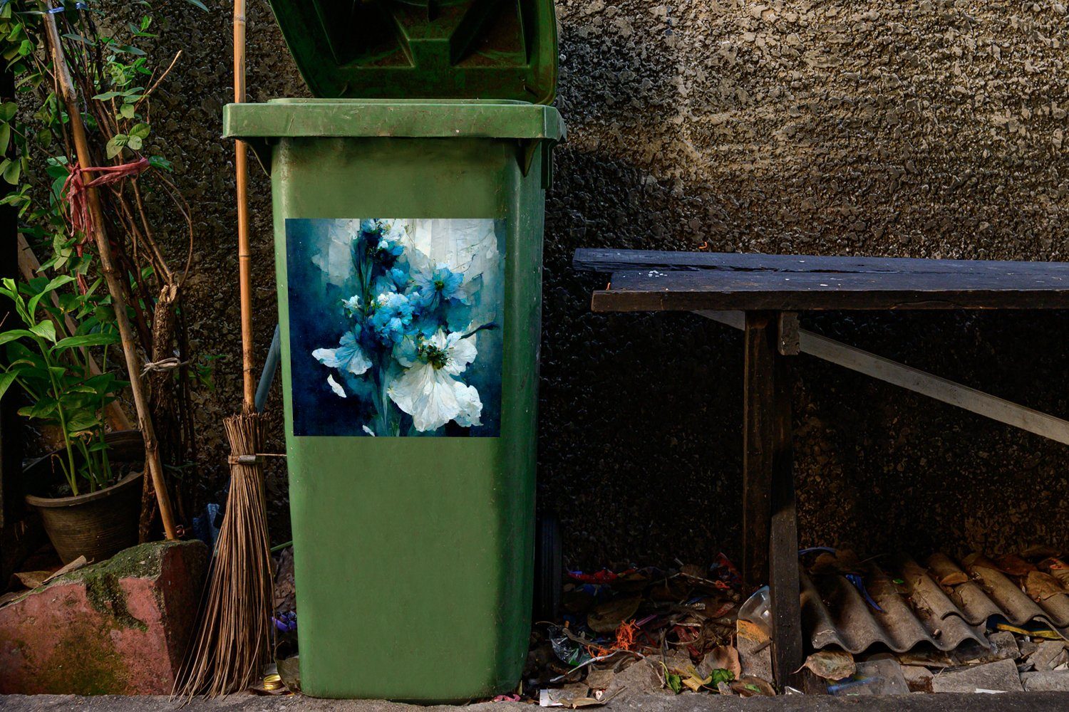 Abfalbehälter - MuchoWow - Blumen Wandsticker St), Blumenstrauß Farbe - Mülleimer-aufkleber, Blau (1 Mülltonne, Container, Sticker,