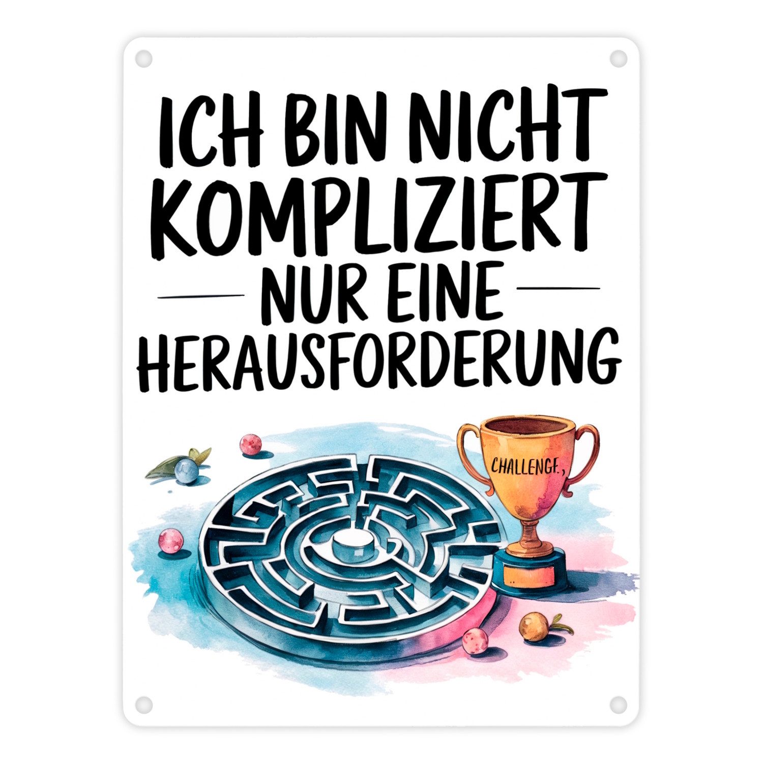 speecheese Metallschild Herausforderung, nicht kompliziert Metallschild in 15x20 cm Pokal