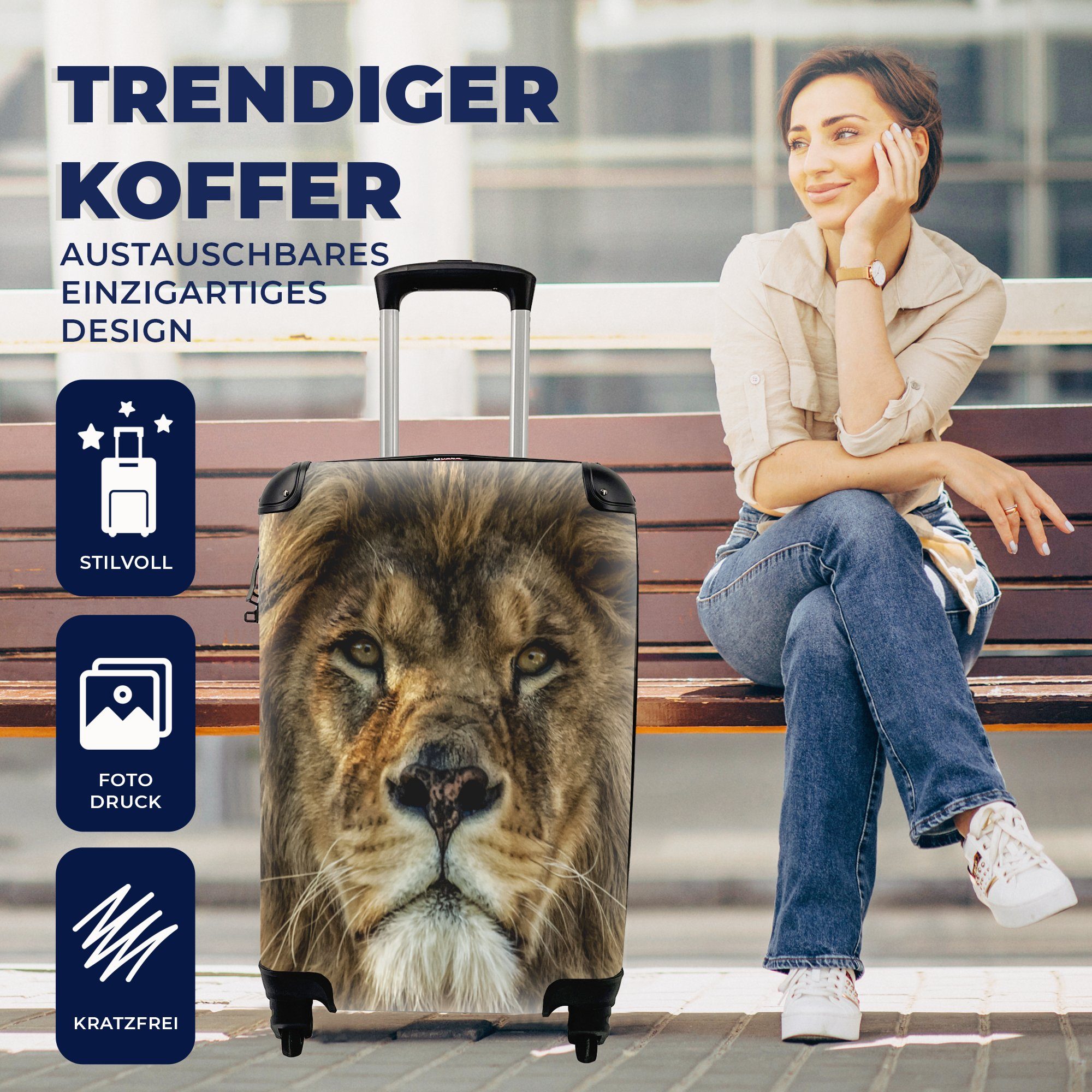 Handgepäck Löwe - - Tiere, Ferien, Porträt Handgepäckkoffer mit Rollen, für 4 Reisetasche MuchoWow Reisekoffer rollen, Trolley,