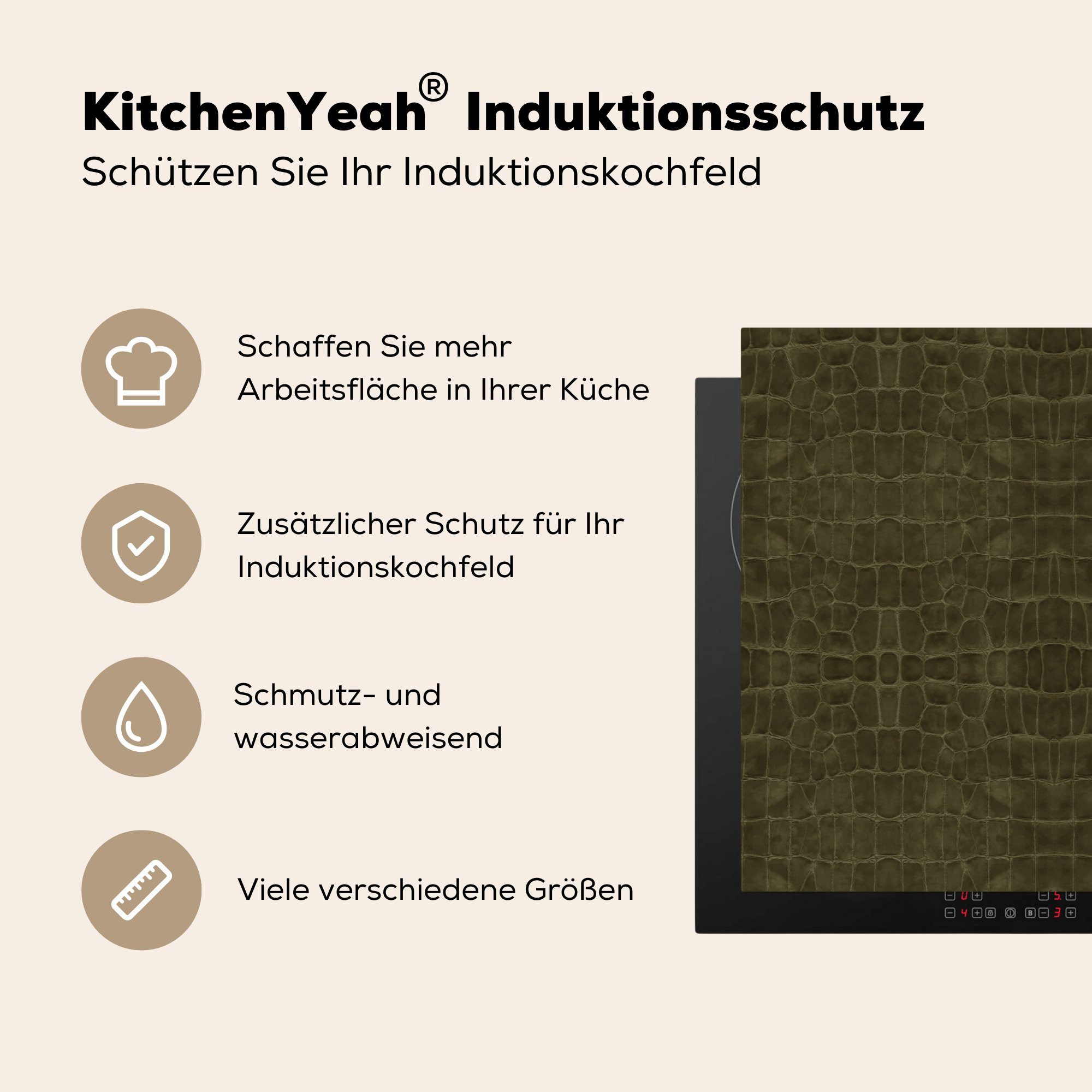 MuchoWow Herdblende-/Abdeckplatte Induktionsschutz - für - cm, 83x51 Vinyl, Textur Tierhaut, (1 Ceranfeldabdeckung, tlg), - Arbeitsplatte Leder küche