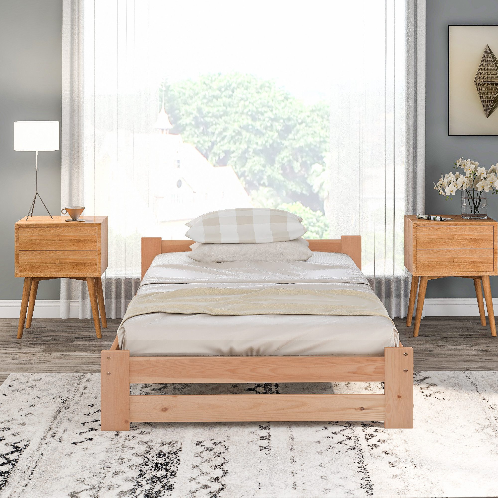 MODFU Bett Gästebett Massivholzbett (Holzbett, aus massivem Kiefernholz), Ohne Matratze