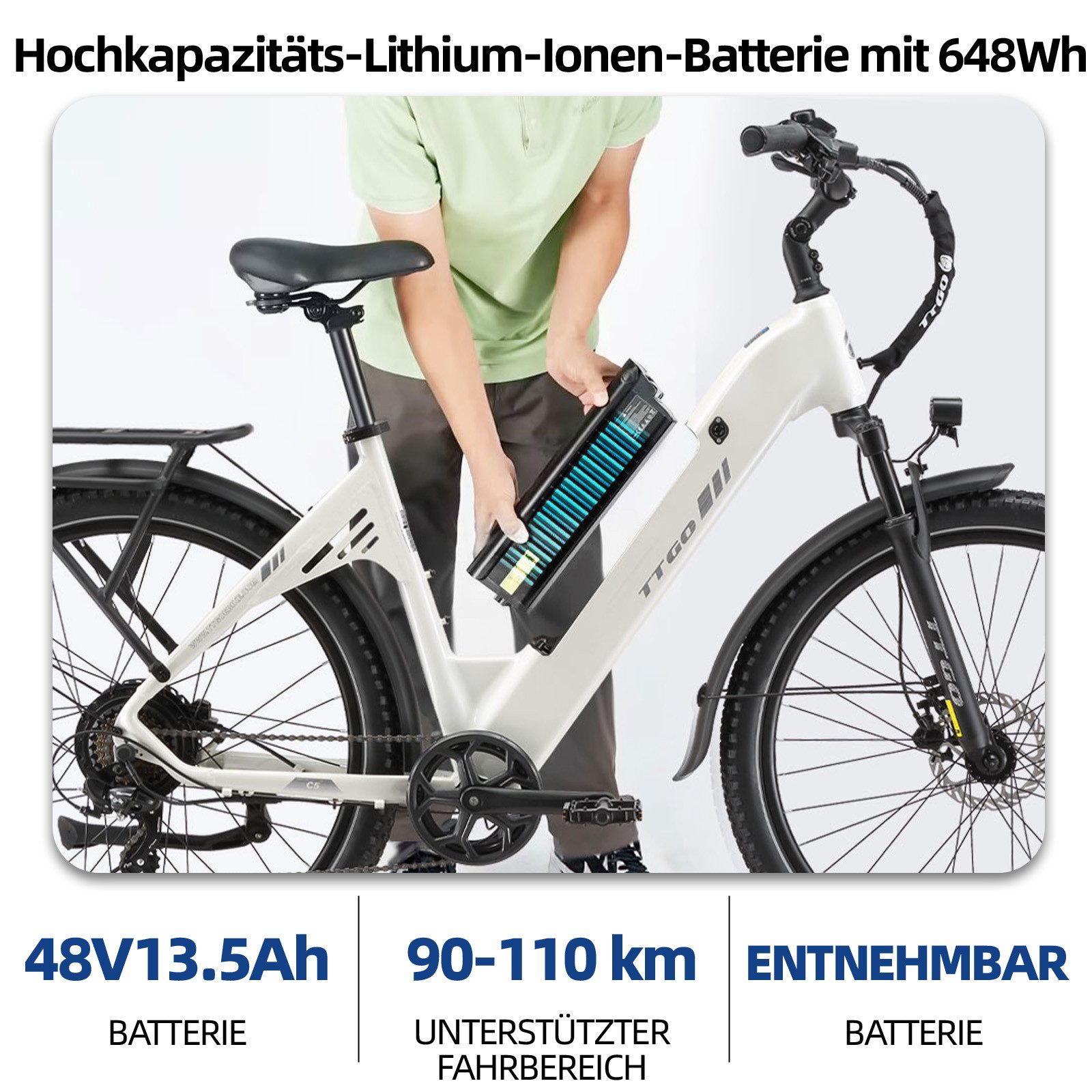 TTGO E-Bike Cityrad 28 Zoll, 110km, mit Federsattelstütze, Elektrofahrrad für Damen Herren, 7 Gang Shimano, Kettenschaltung, Heckmotor, 648 Wh, Tiefeinsteiger E – Bild 4 von 5