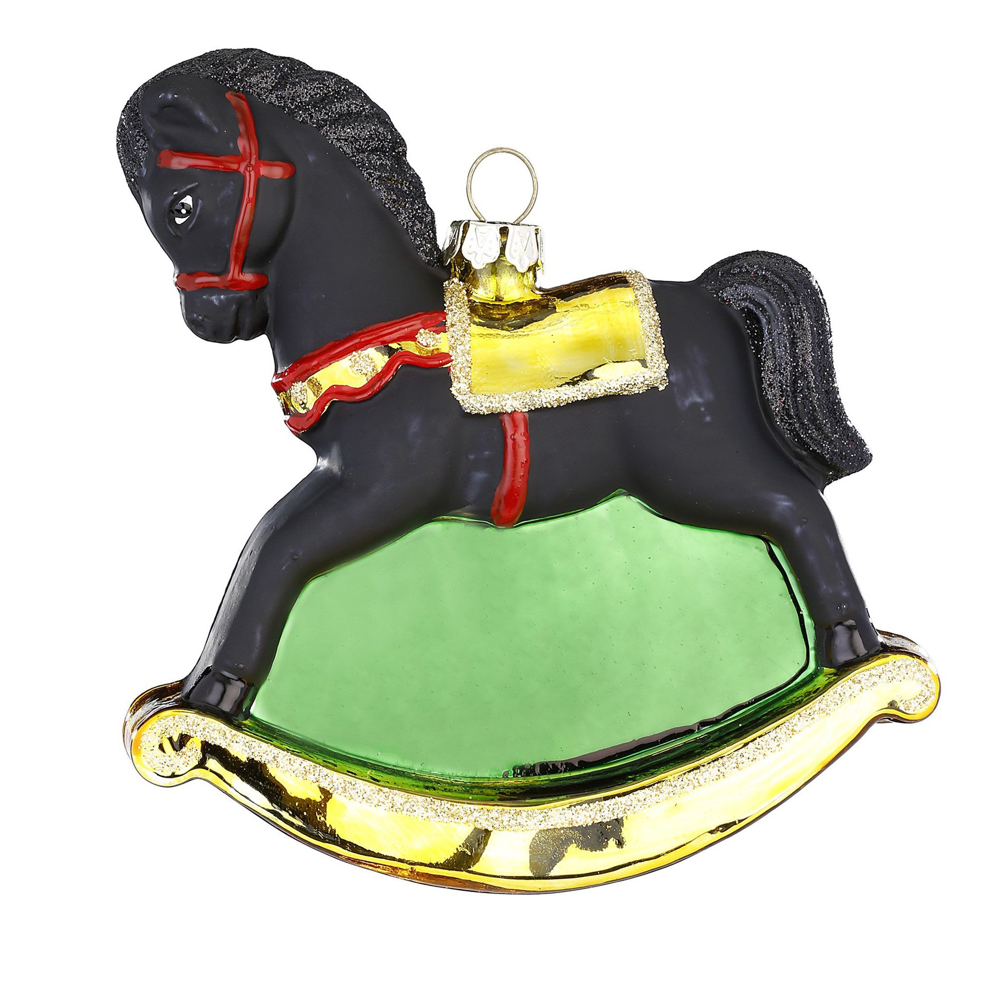 Holly & Jolly Christbaumschmuck, Christbaumschmuck Schaukelpferd 12cm Glas Figur Schwarz