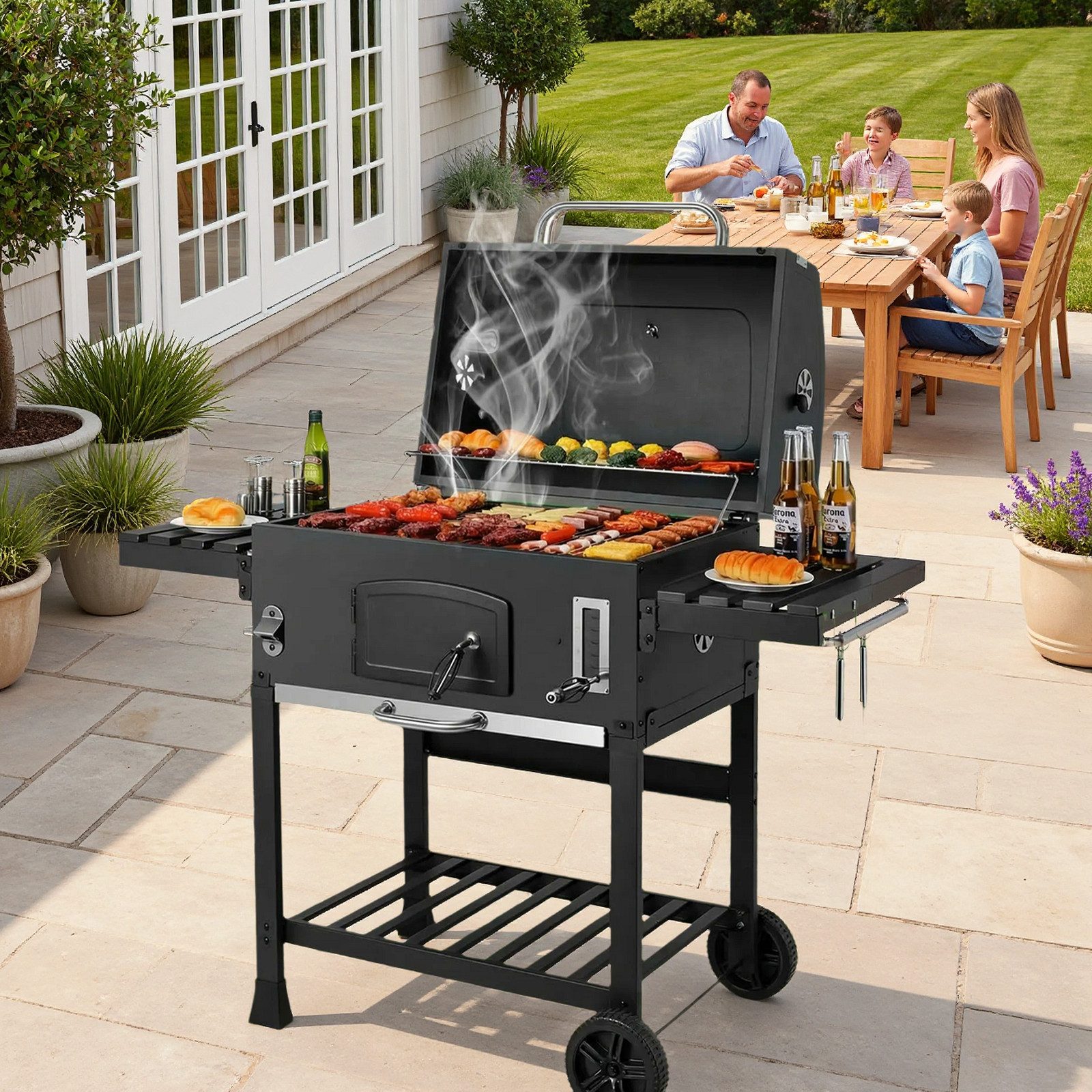 TLGREEN Holzkohlegrill XXL mit Deckel, Thermometer und Schornstein, BBQ Grillwagen für Garten & Camping, Höhenverstellbar, Klappbare Seitentische, Abnehmbarer Aschenbehälter, Robuster Holzkohlegrill mit Rädern