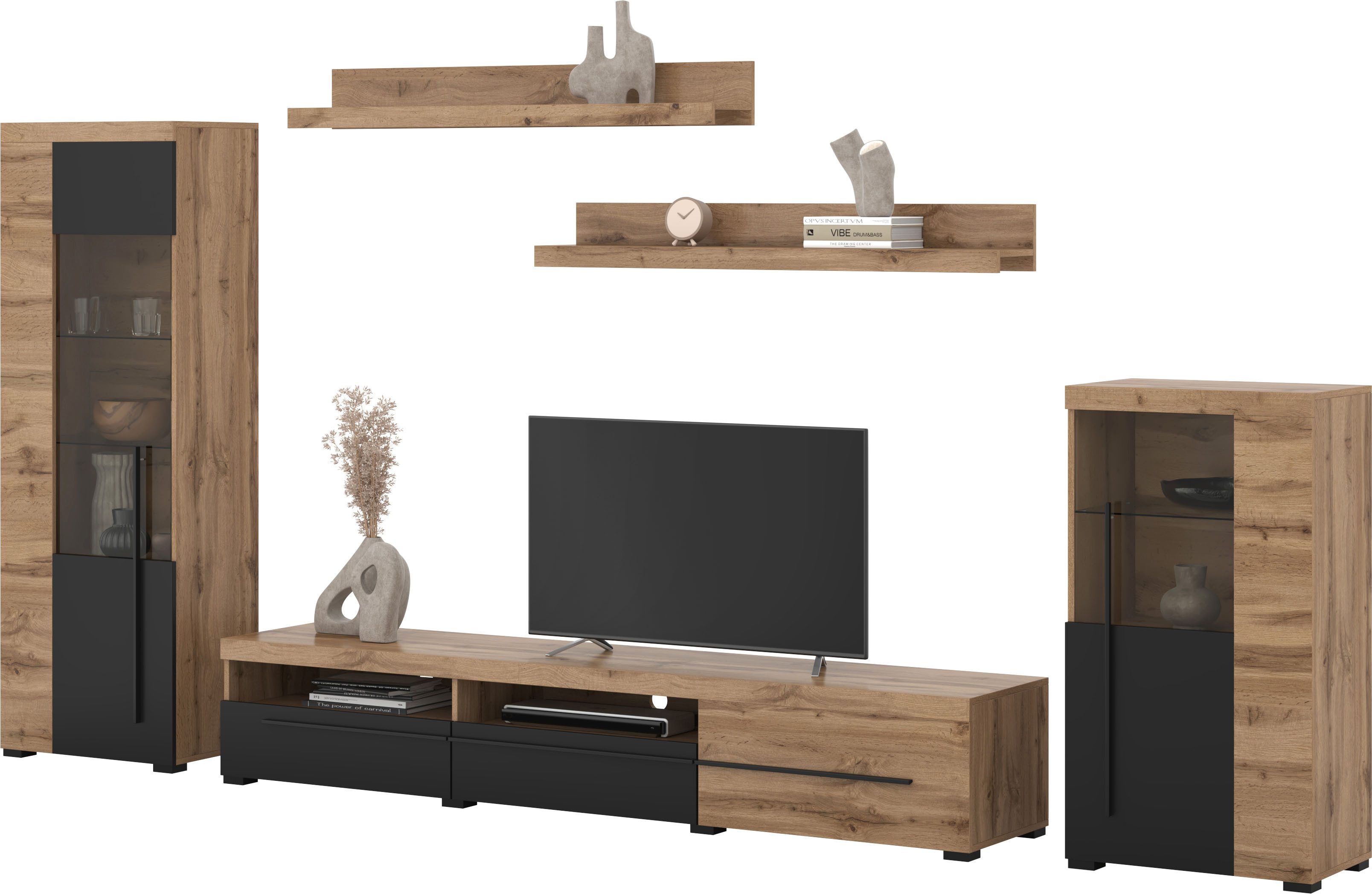 OTTO home Wohnwand Roger,Breite 270 cm moderne Mediawand ohne Beleuchtung, (Set, 5-St), Anbuwand (Set,5-St) viel Stauraum, Vitrinen mit Glastür