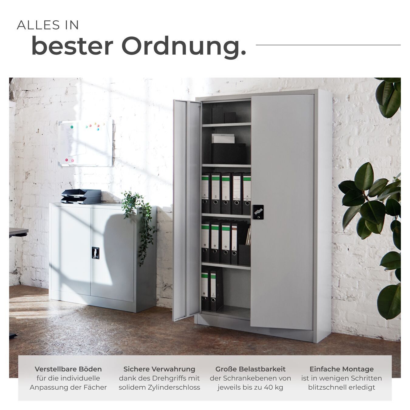 tectake Aktenschrank Werkzeugschrank aus pulverbeschichtetem Stahl, 180 x 80 x 40 cm (Komplettset, 1-St., inkl. 2 Schlüssel) mit 2 Flügeltüren, 4 höhenverstellbare Einlegeböden, abschließbar