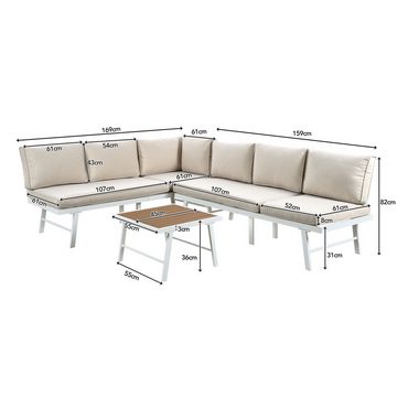 Tongtong Gartenlounge-Set Loungeset für 5-6 Personen, Aluminiumgestell mit Schutzfüßen, (2 Ecksofas, 1 Tisch, inklusive 7 beigen Kissen, 4 beigen Sitzkissen), Weiß