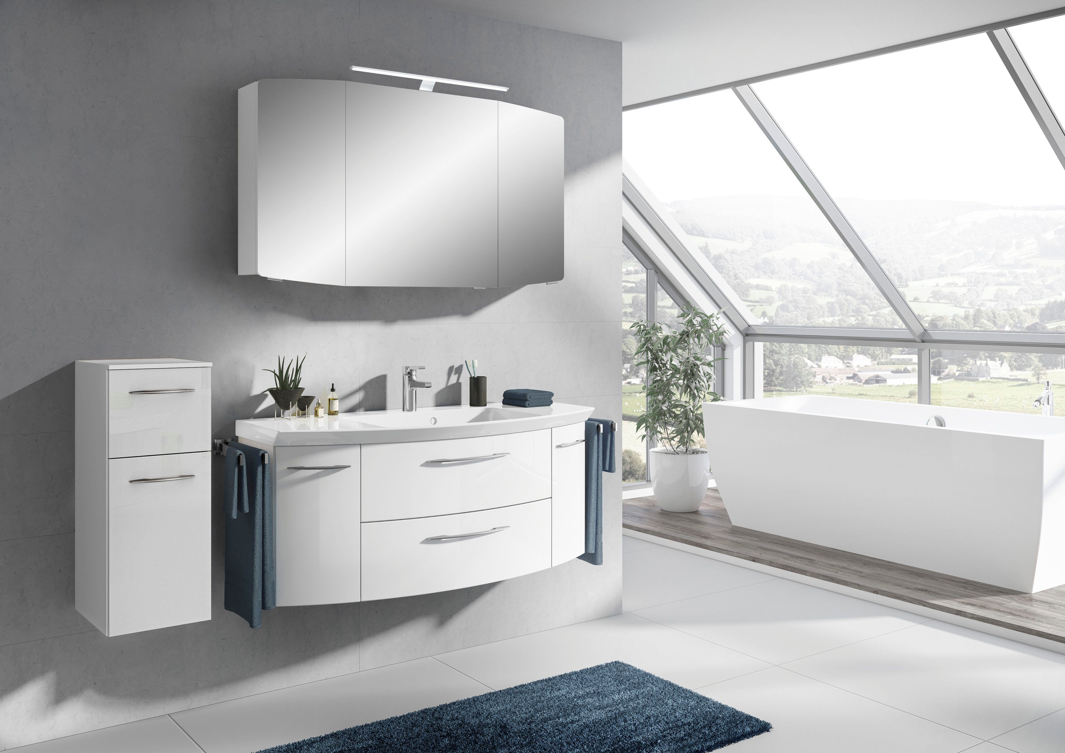 PELIPAL Badmöbel-Set Cassca Sprint, (4-St), Spiegelschrank + Waschtisch +  Unterschrank + Highboard Weiß Hochglanz SET-015-22 | Spiegelschränke