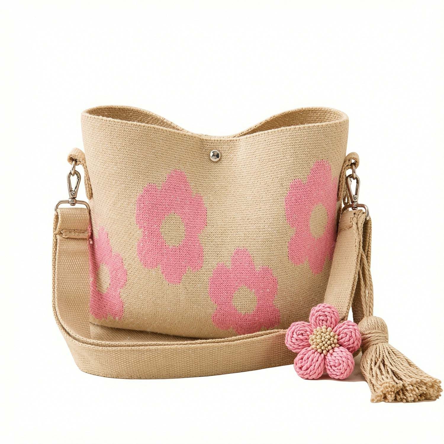 Oemmn Handtasche Damen Vintage-Blumentrassen-Eimer-Tasche mit verstellbarem Umhänge