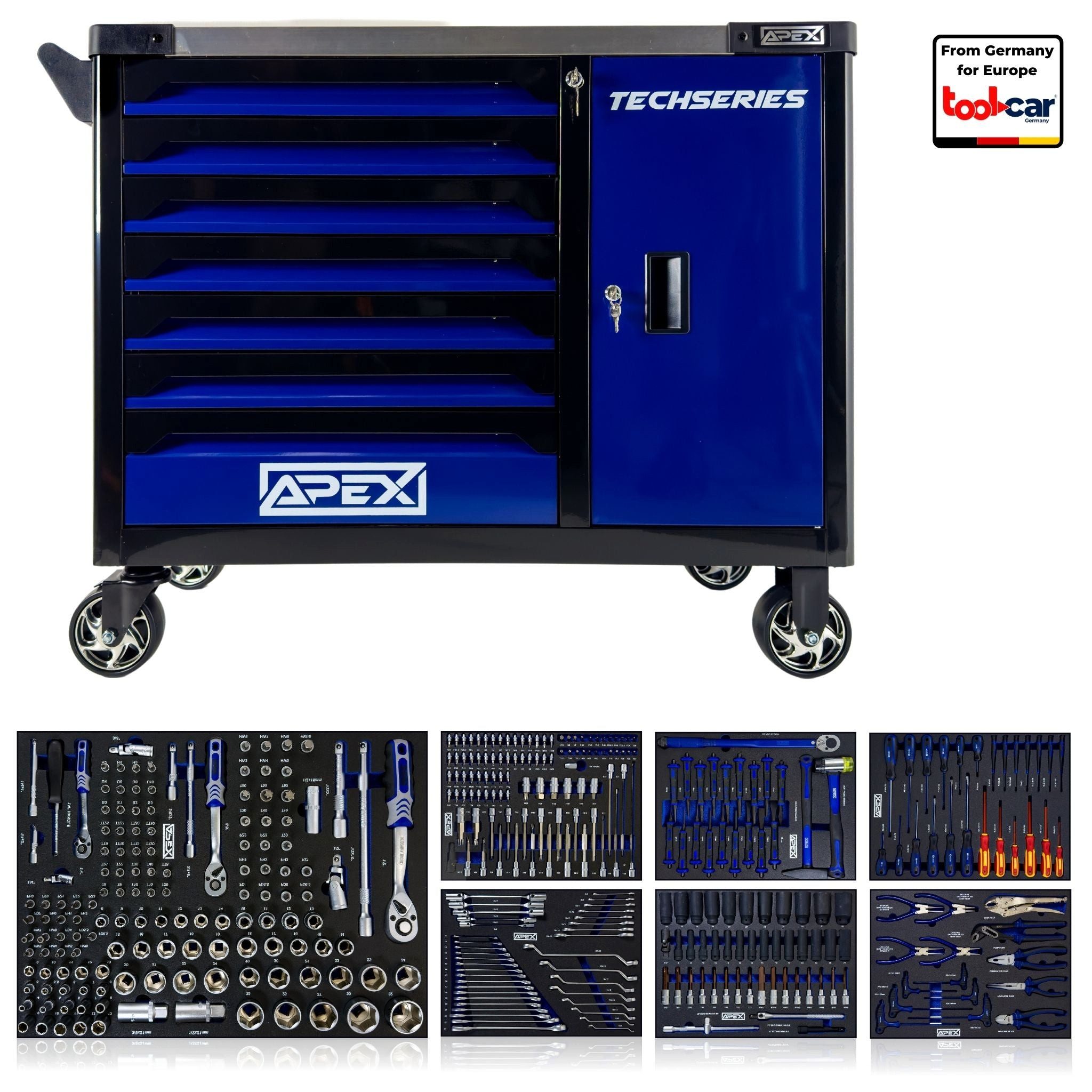 Toolcar Werkzeugwagen Тележка для мастерских 7 Schubladen -7 befüllt/bestückt/gefüllt mit Werkzeug, abschließbar, kugelgelagerte Rollen, Chrom-Vanadium-Stahl, stabil, max. Traglast:35 kg, 350-tlg. Werkzeugset, (Soft-Close, kugelgelagert, Zentralverriegelung, 4 Rollen, 350-tlg., EVA-sortiert: Steck/Ratschen, Torx, Schraubendreher, Zangen), Seitenschrank, Arbeitsplatte mit Ablagen, Fußbremse