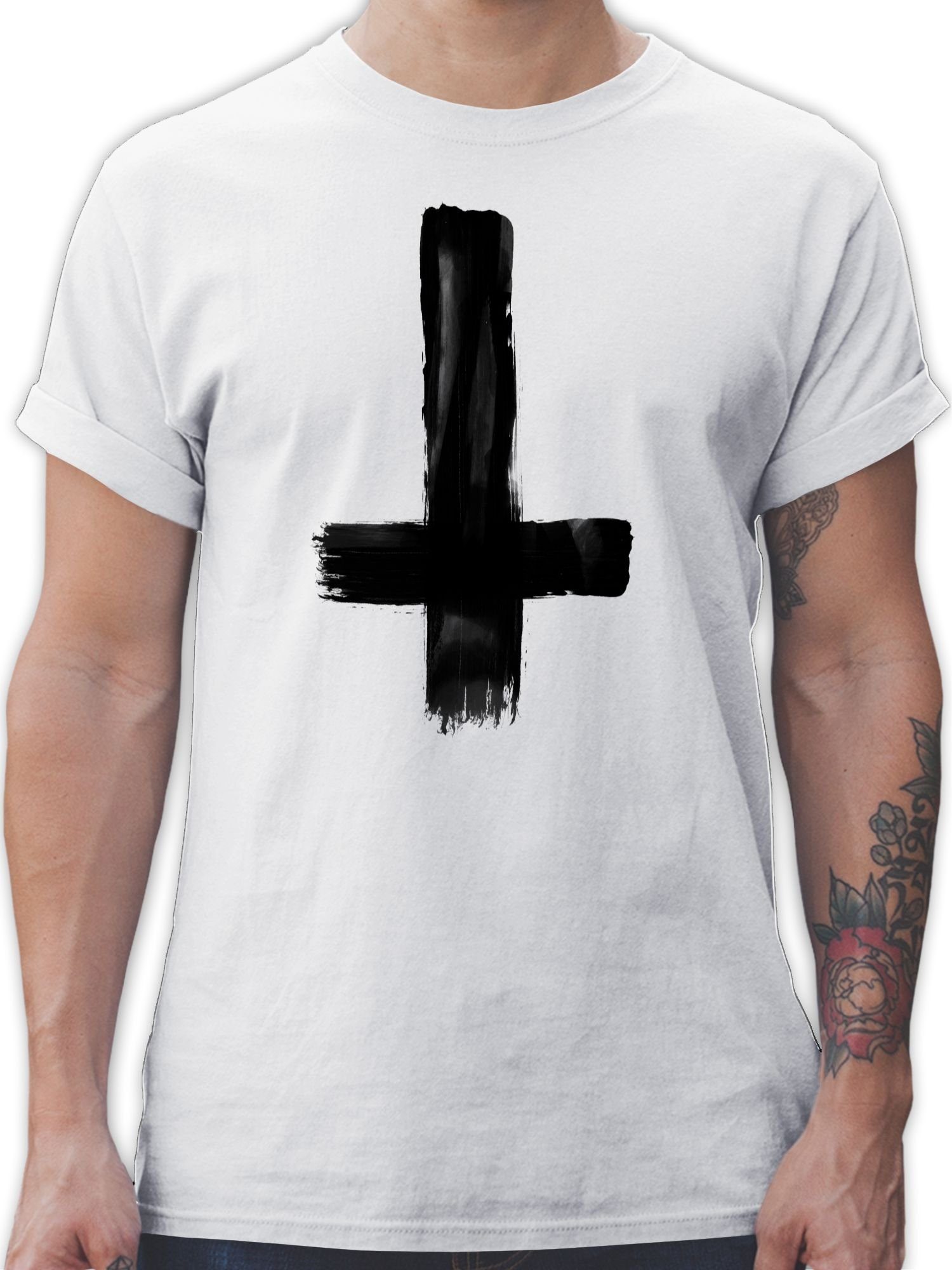 Shirtracer T-Shirt Umgedrehtes Vintage und Outfit Kreuz 1 Symbol Weiß Zeichen