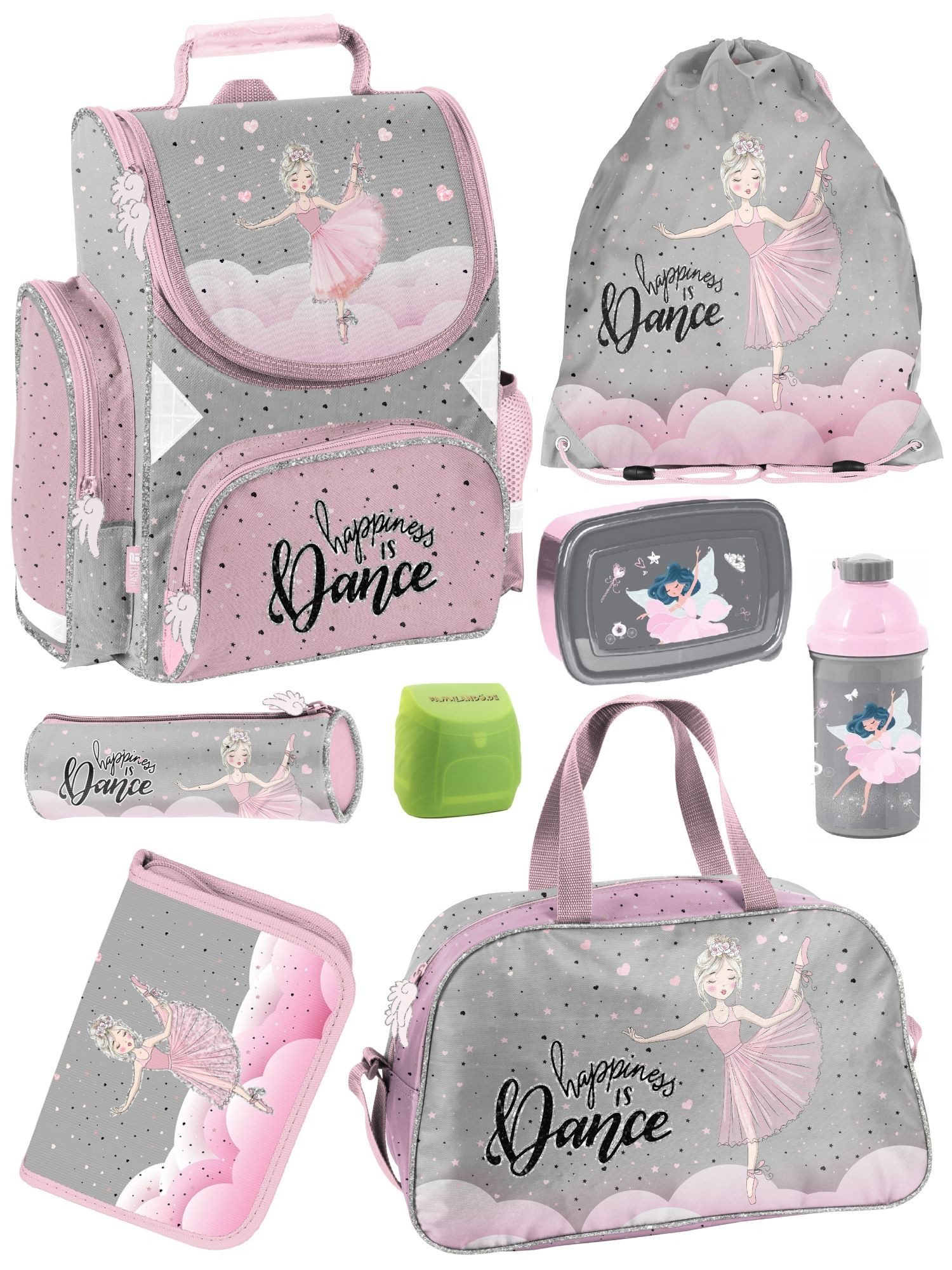 Familando Schulranzen Ballerina Ballett Schultasche, rosa, für Mädchen 1. bis 4. Klasse (Set, 8-tlg., inkl. Federmappe, Lunch-Set und Sporttasche), ergonomisch, 1.010 Gramm leicht, 18L Volumen