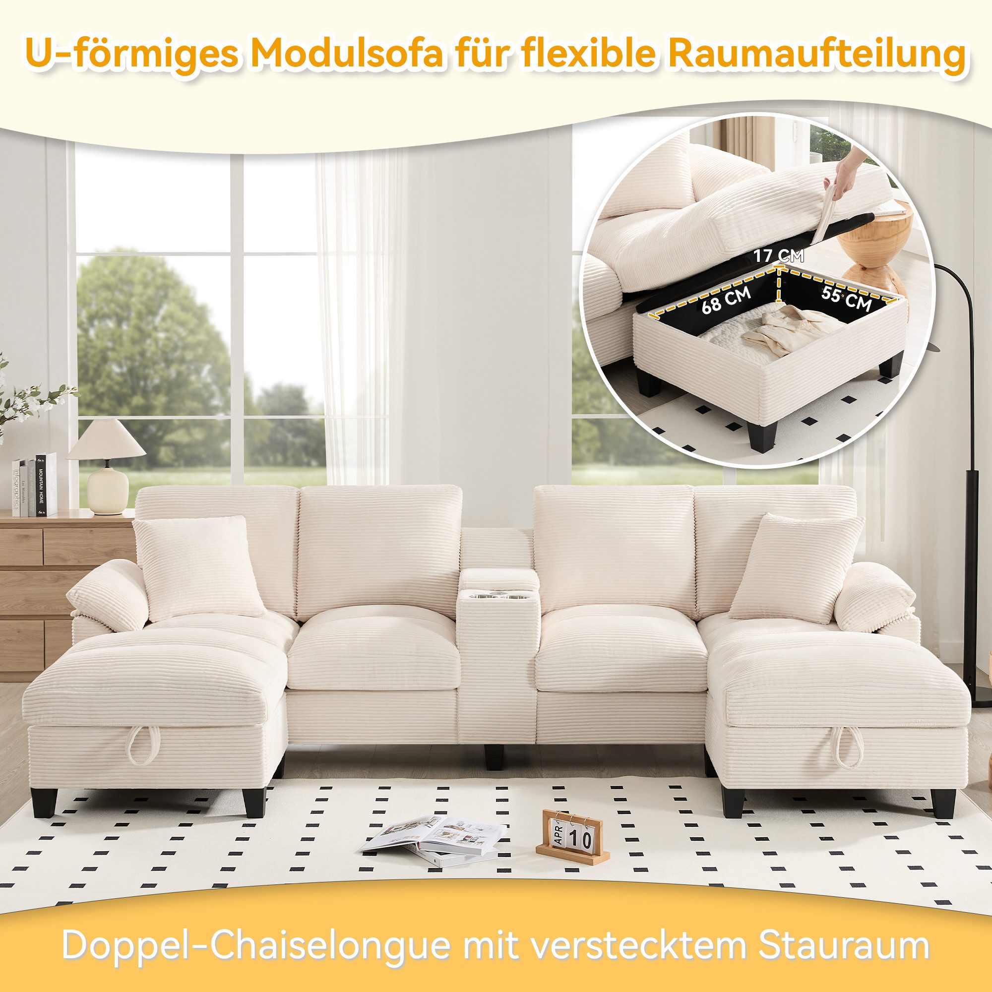HAUSS SPOLE Schlafsofa 4-Sitzer-Sofa U-Form Loungesofa Ecksofa mit Stauraum&2 USB-Anschlüssen, Set 1 Teile, mit Kissen, Getränkehaltern aus Edelstahl und zwei USB-Anschlüssen