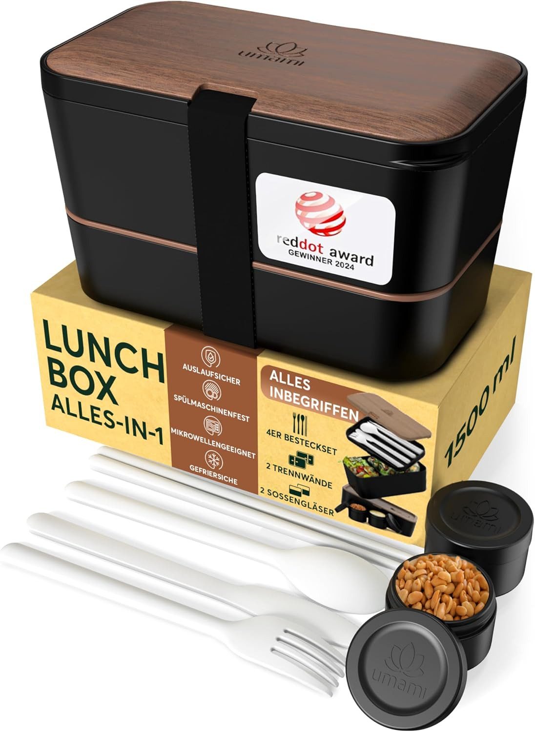 UMAMI Lunchbox Bento für Erwachsene mit Besteck und 2 Saucenbehältern, (Inkl. Zubehör Brotdose mit Fächern für Meal Prep), als Brotdosen für Salat, Snack Bento Box, Auslaufsichere Brotdose