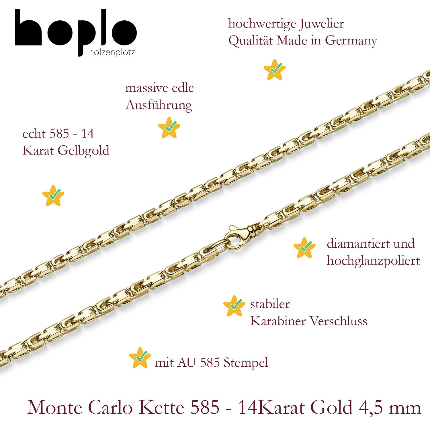 HOPLO Goldkette Goldkette Monte Carlo Kette Armkette 4,5 mm 21 cm 585-14 Karat Gold, Made in Germany
