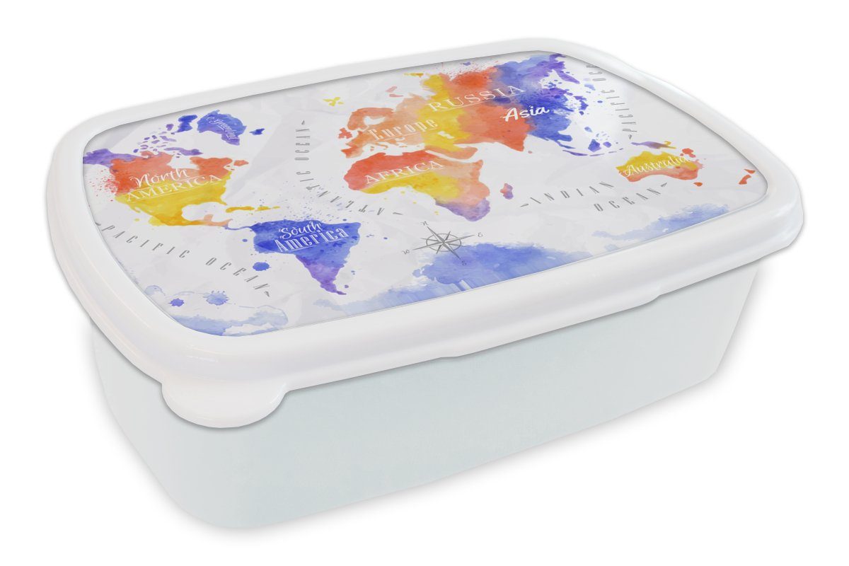 MuchoWow Lunchbox Weltkarte - Aquarell - Rot - Blau, Kunststoff, (2-tlg), Brotbox für Kinder und Erwachsene, Brotdose, für Jungs und Mädchen weiß