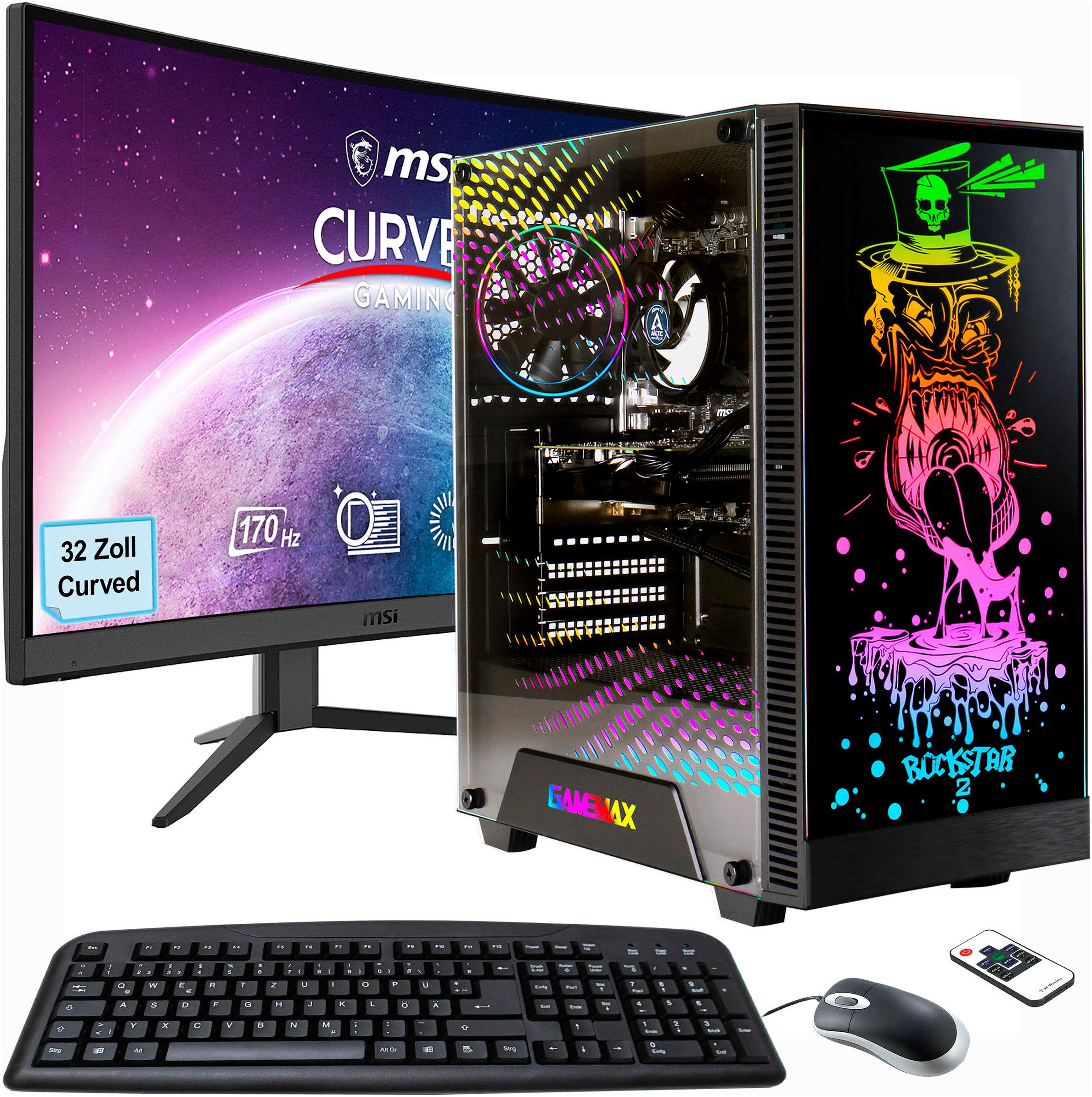 GAMEMAX MegaDeal Gaming-PC-Set Rockstar PC-Komplettsystem (32", AMD Ryzen 7 5700X, GeForce RTX™ 4060, 32 GB RAM, Windows 11 + MSI G32C4 E2 Monitor Curved 80cm (32) + Maus & Tastatur)