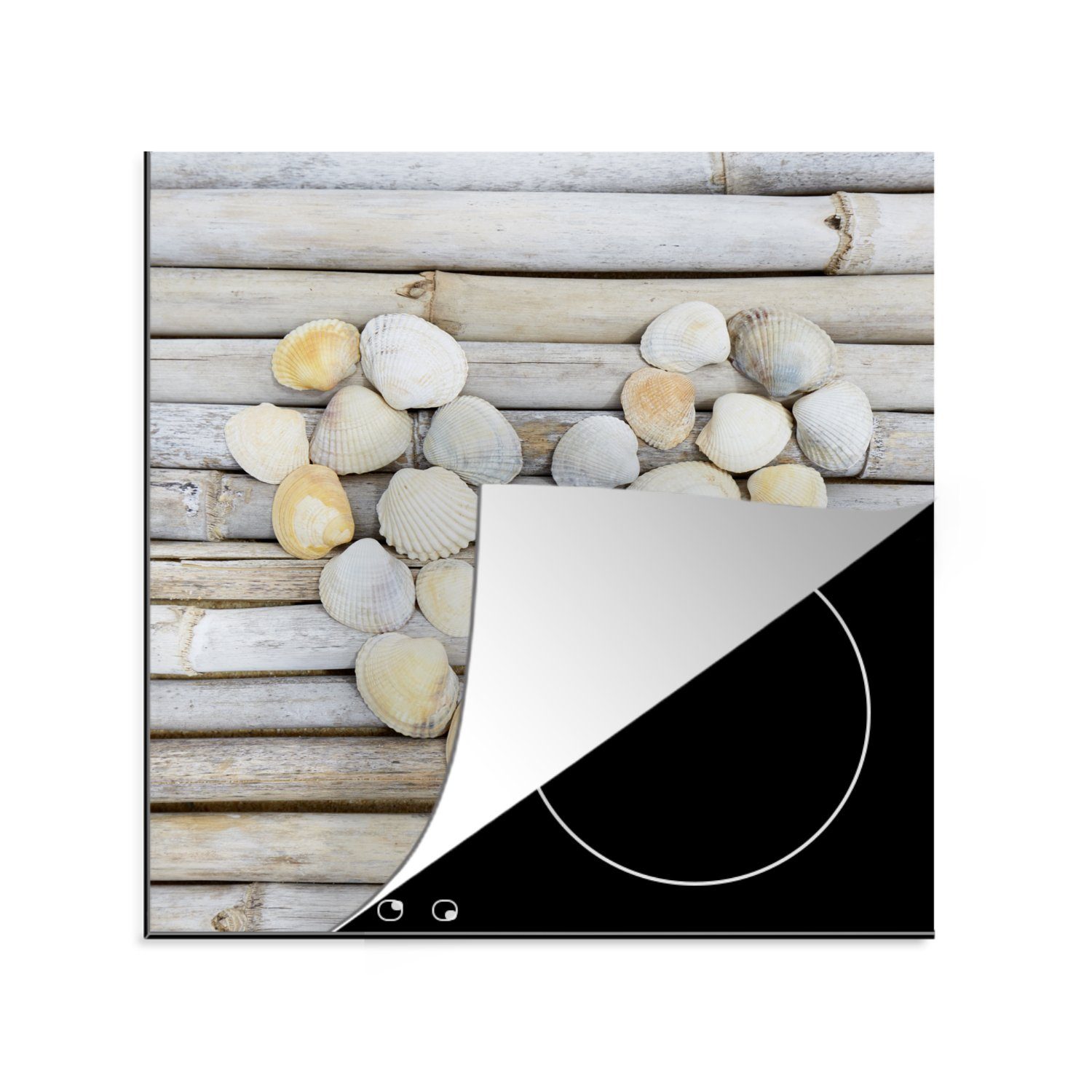 Vinyl, - küche cm, Strand Meer, (1 78x78 - Ceranfeldabdeckung, für tlg), Arbeitsplatte - Herz Herdblende-/Abdeckplatte MuchoWow Muschel