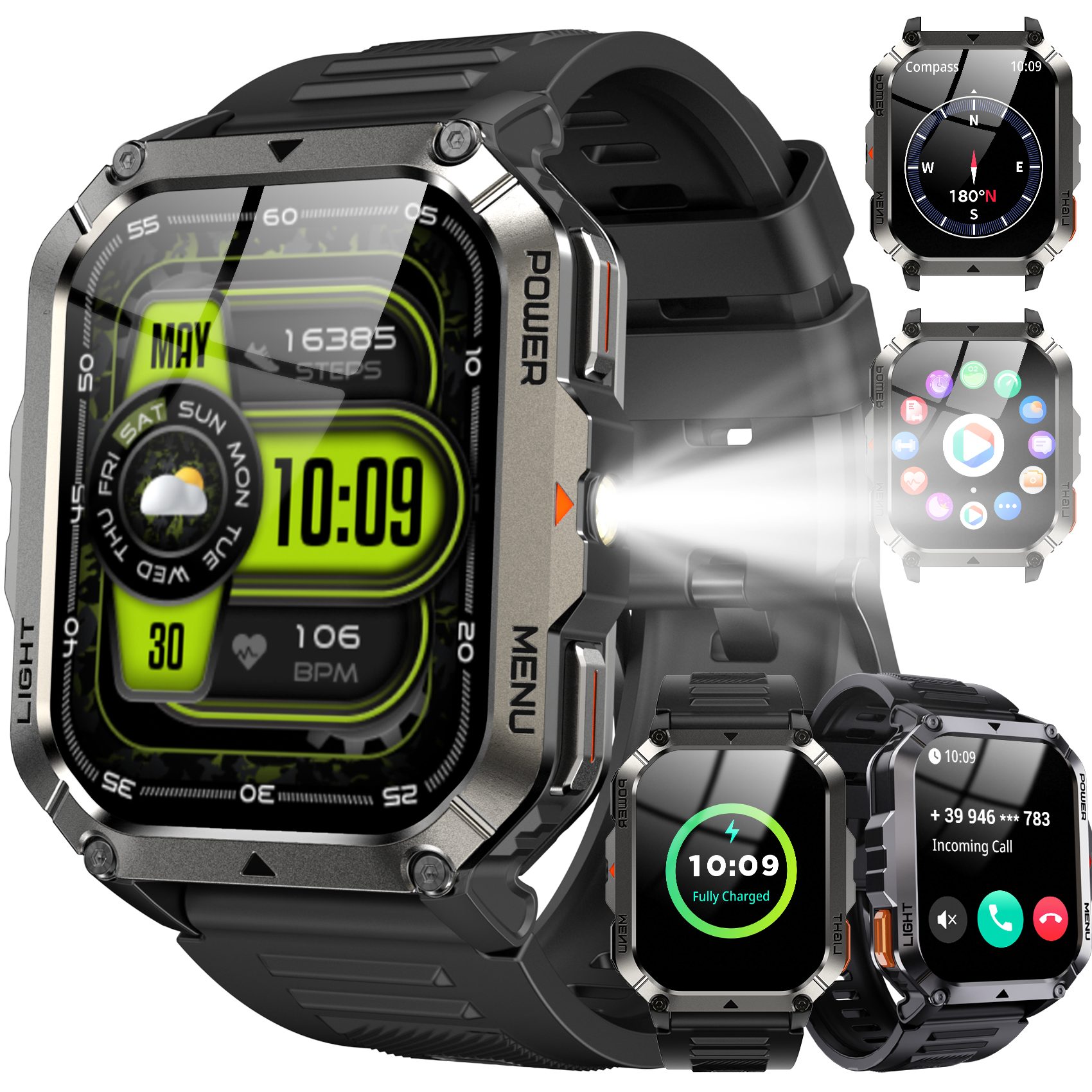 blackview Smartwatch herren mit 2,01" HD-Touchscreen, 900mAh Akku & 2 Armbändern Smartwatch (5.1 cm/2.01 Zoll, iOS/Android) Set, 1-tlg., mit Wechselband aus weichem Silikon und Ladekabel, Anrufe tätigen&empfangen,20 TageAkku,LED-Taschenlampe,Kompass,SOS,IP68