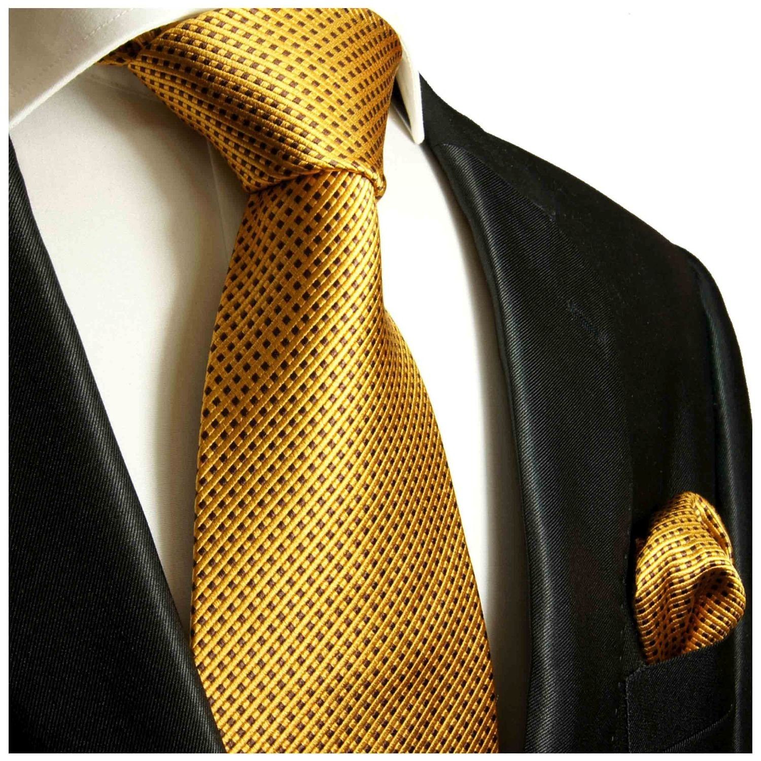 Paul Malone Krawatte Herren Seidenkrawatte und Tuch modern gepunktet 100% Seide (Set, 2-St., Krawatte mit Einstecktuch) Schmal (6cm), gold braun 949