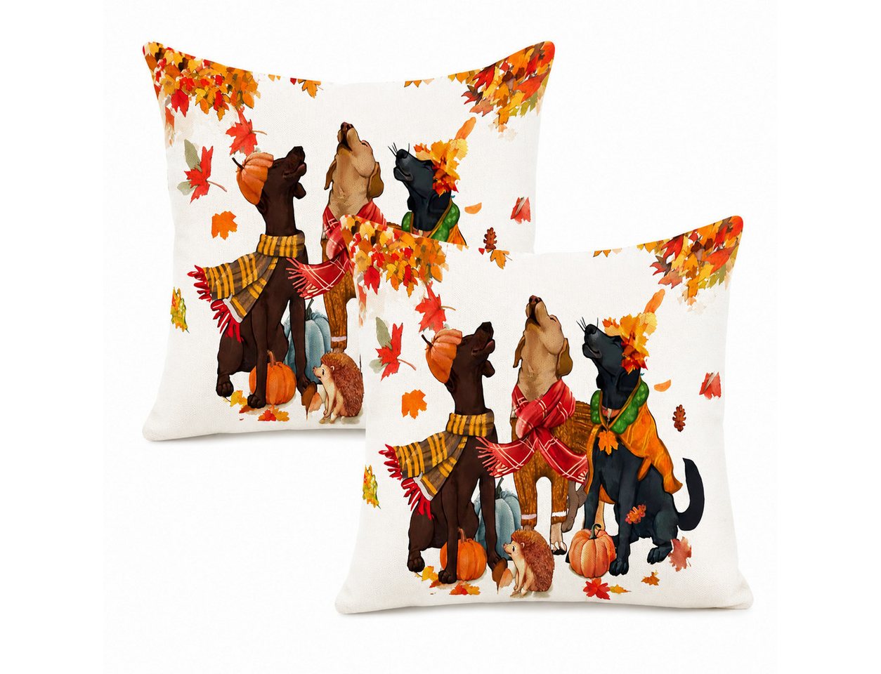 Diwzbyn Kissenbezug 2er Set Kissenbezüge 45x45 cm mit Herbstmotiv Hund, (2 Stück), Dekokissenhüllen mit Ahornblättern für Sofa Wohnzimmer …