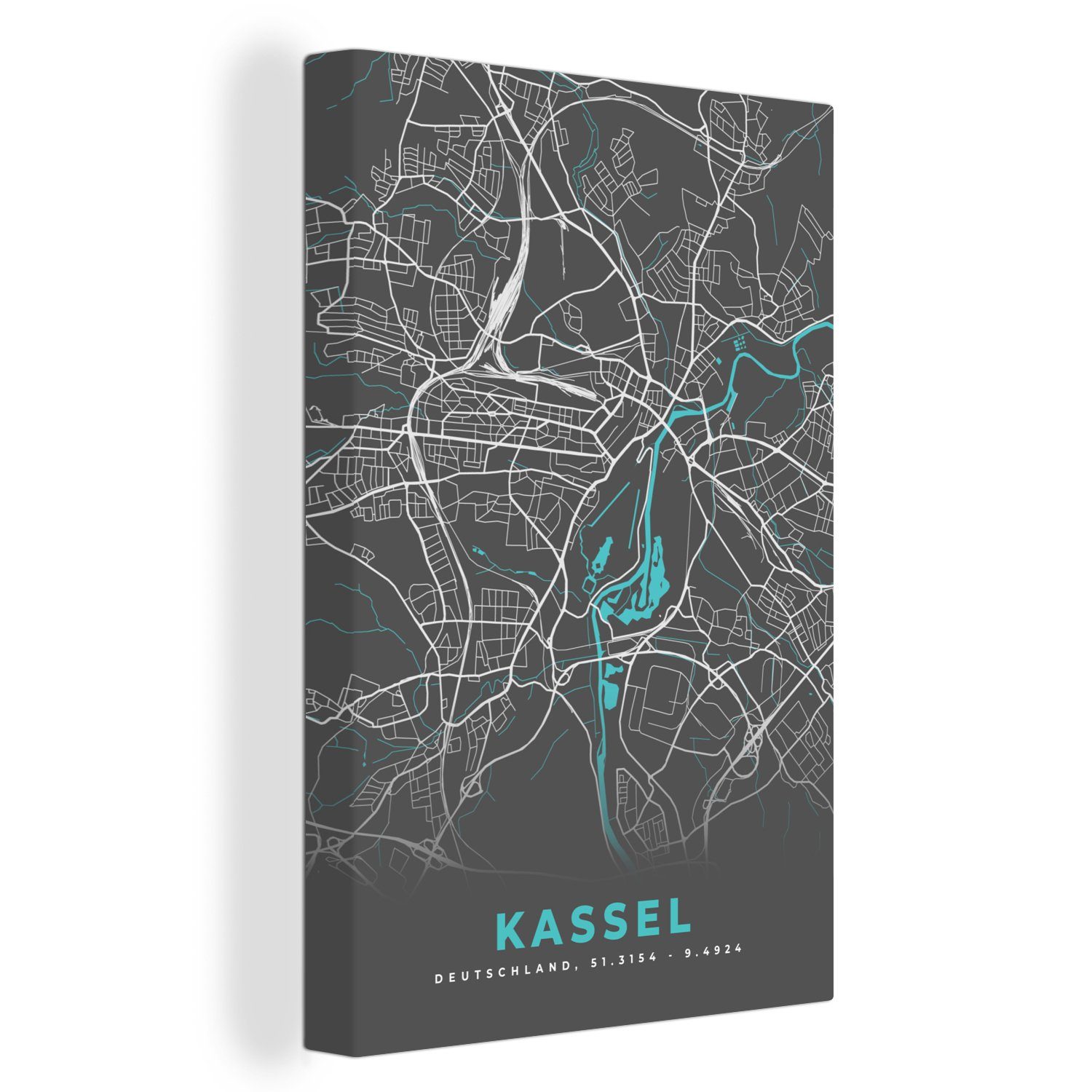 OneMillionCanvasses® Leinwandbild Stadtplan - Kassel - Deutschland - Karte, (1 St), Leinwandbild fertig bespannt inkl. Zackenaufhänger, Gemälde, 20x30 cm
