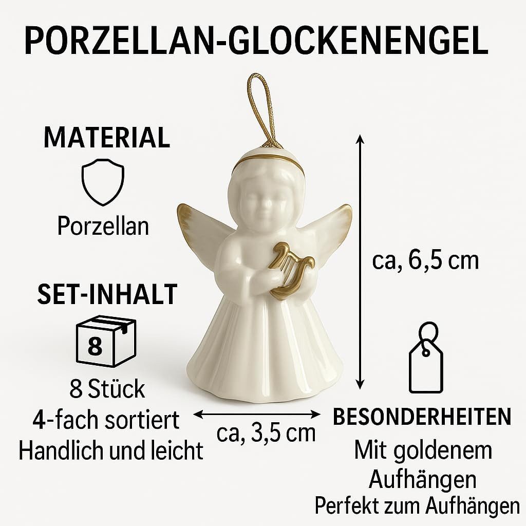hausleben Engelfigur Porzellan Glockenengel Anhänger Set (8 St), in Weiß Gold, Ideal für Adventszeit, Winterdekoration
