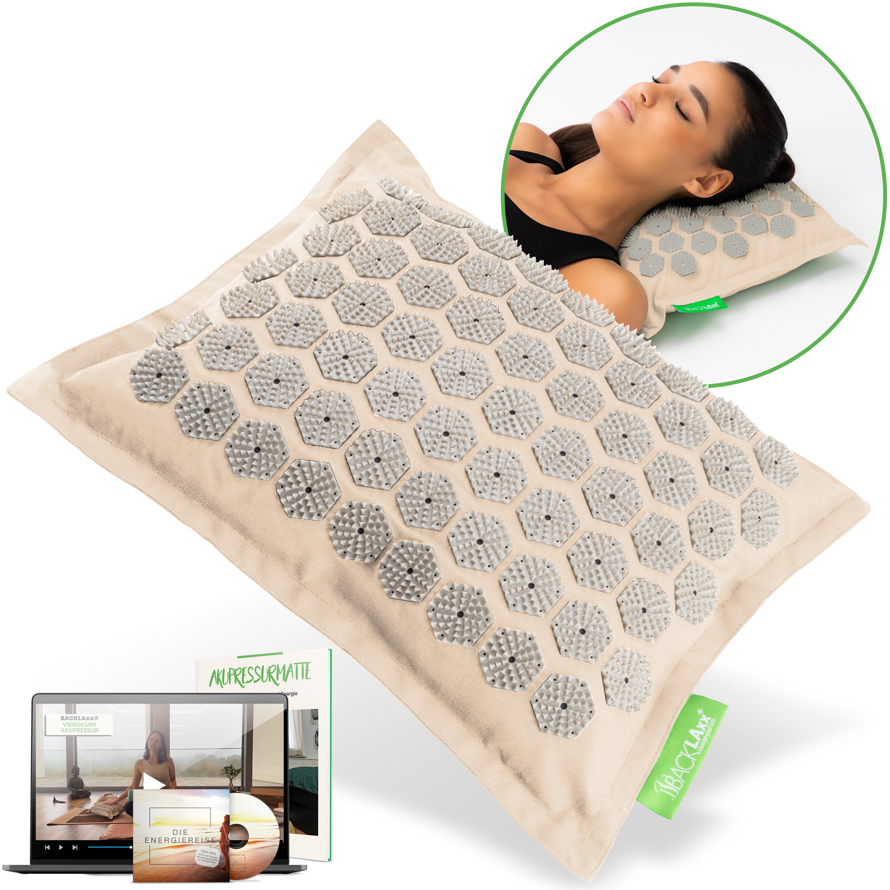 BACKLAxx® Akupressurmatte Akupressurkissen Nackenkissen für Nacken Schulter Rücken Beine (Akupressur, Kissen mit 3.168 Spitzen, inkl. Video Guide), für Verspannungen Nacken Rücken Beine & gegen Kopfschmerzen & Migräne