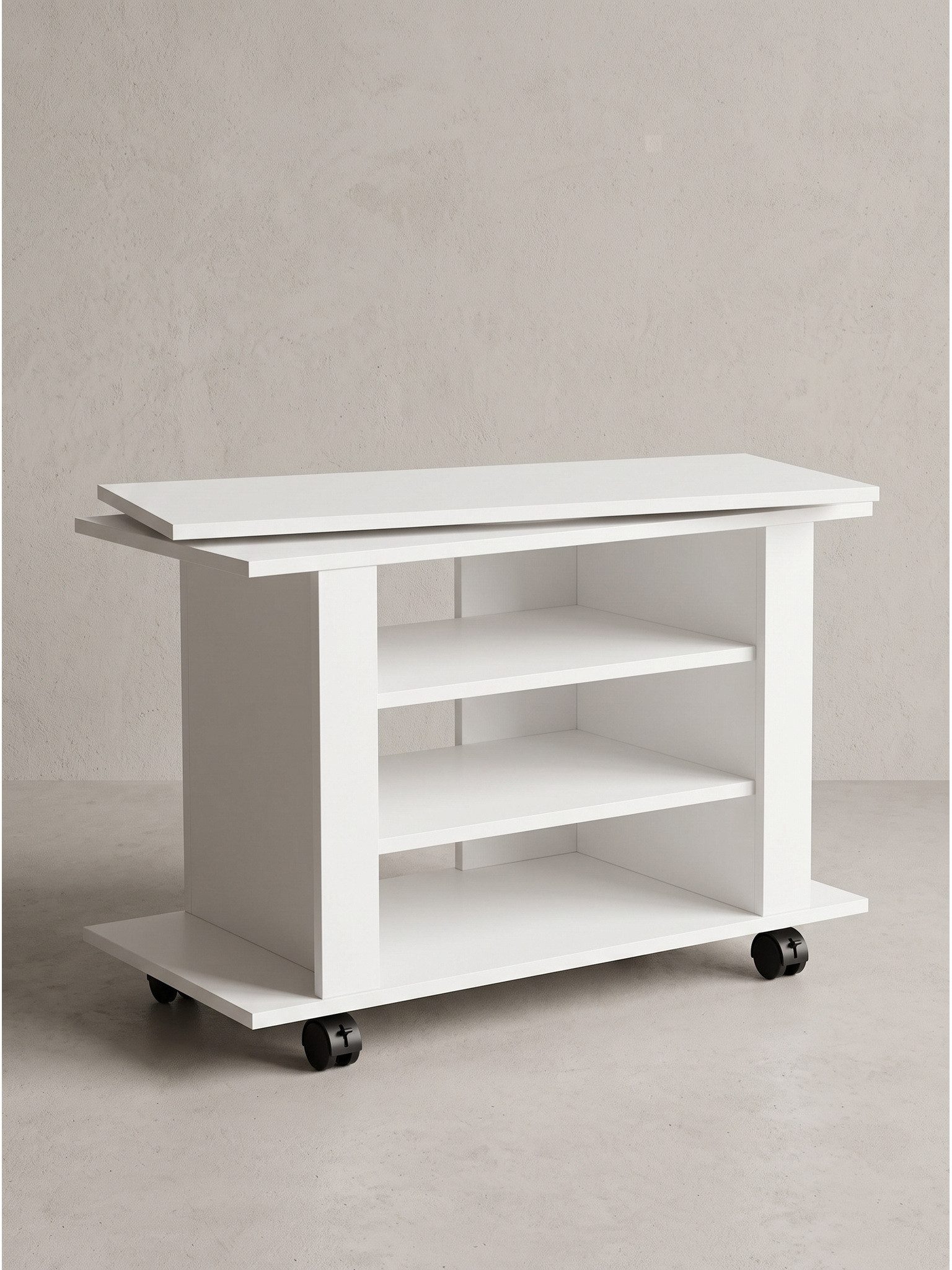 KADIMA DESIGN Lowboard SEGRE Fernsehtisch - Weiß, 78x38x51 cm, Modern, Ablagen, Rechteckig (TV-Board, Fernsehschrank, TV-Rack, Medienmöbel, Drehbar, Rollbar), Drehbar, Fächer, Rollen
