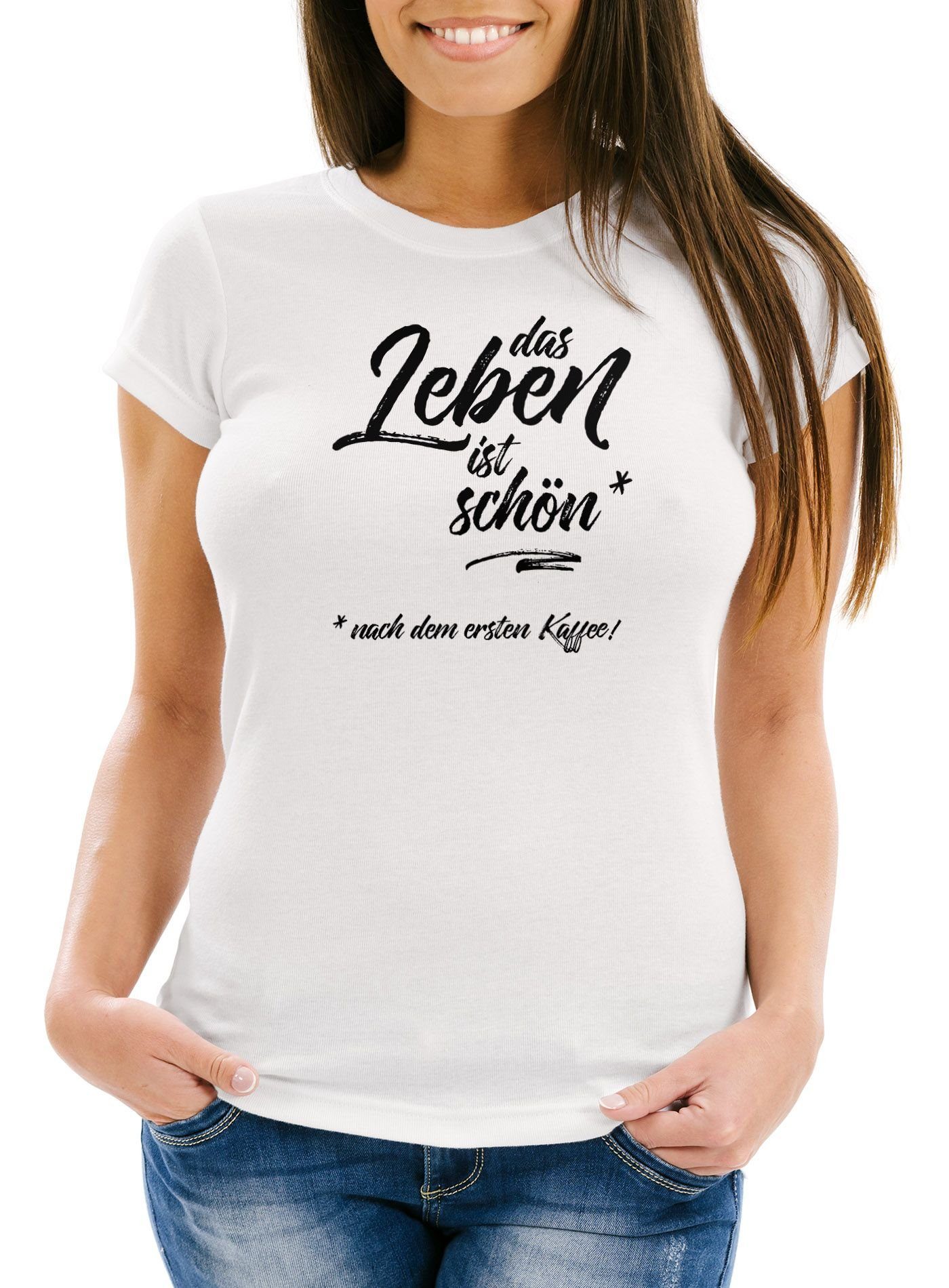 MoonWorks Print-Shirt Damen T-Shirt Schlafshirt Das Leben ist schön - nach dem ersten Kaffee Slim Fit Moonworks® mit Print weiß