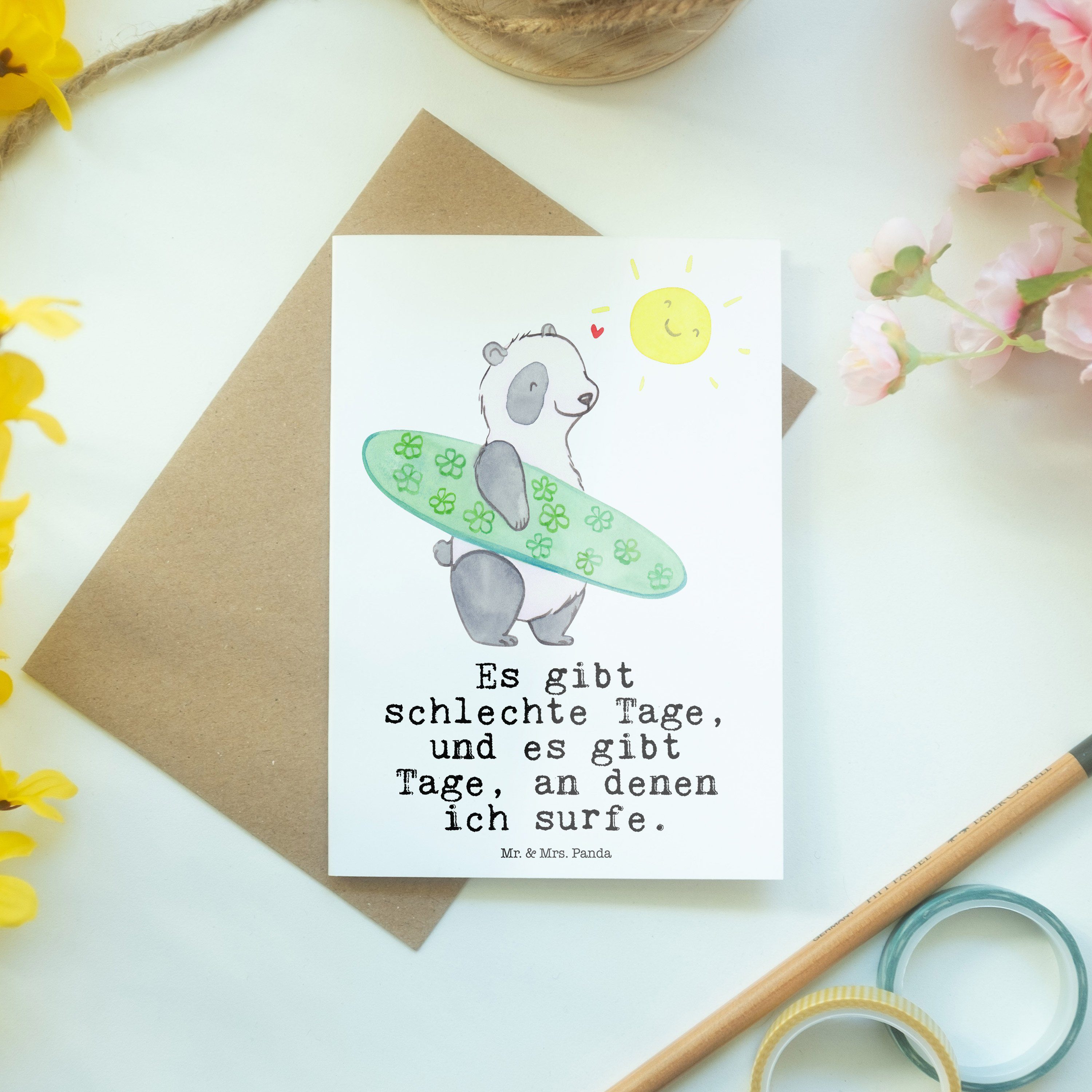 - Panda - Panda Grußkarte Mrs. Surfen Tage Geburtstagskart Weiß Geschenk, Einladungskarte, Mr. &