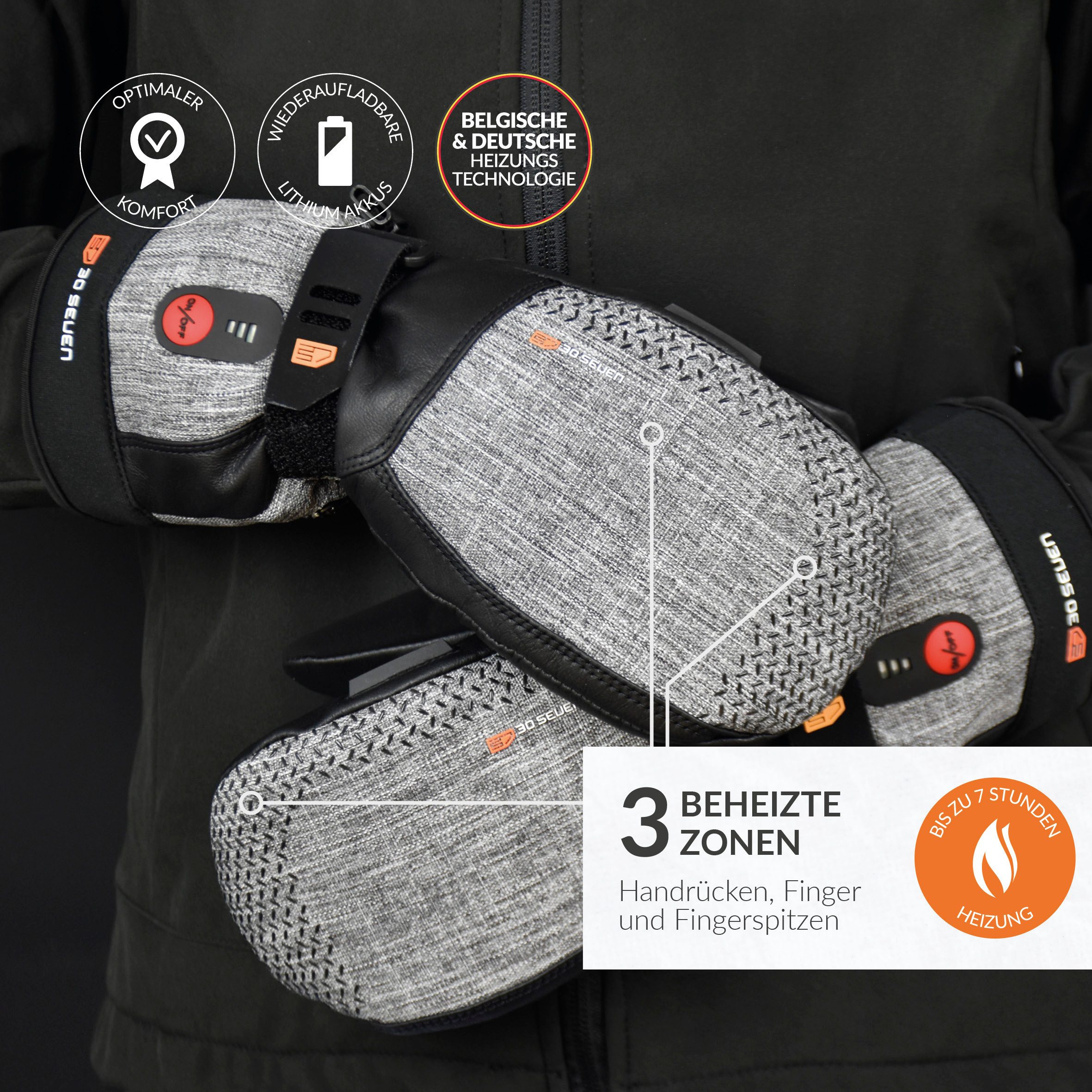 30seven Fäustlinge beheizte Fäustlinge, extra warm - grau 7,4V Set inkl. 2 Akkus & Doppelladegerät