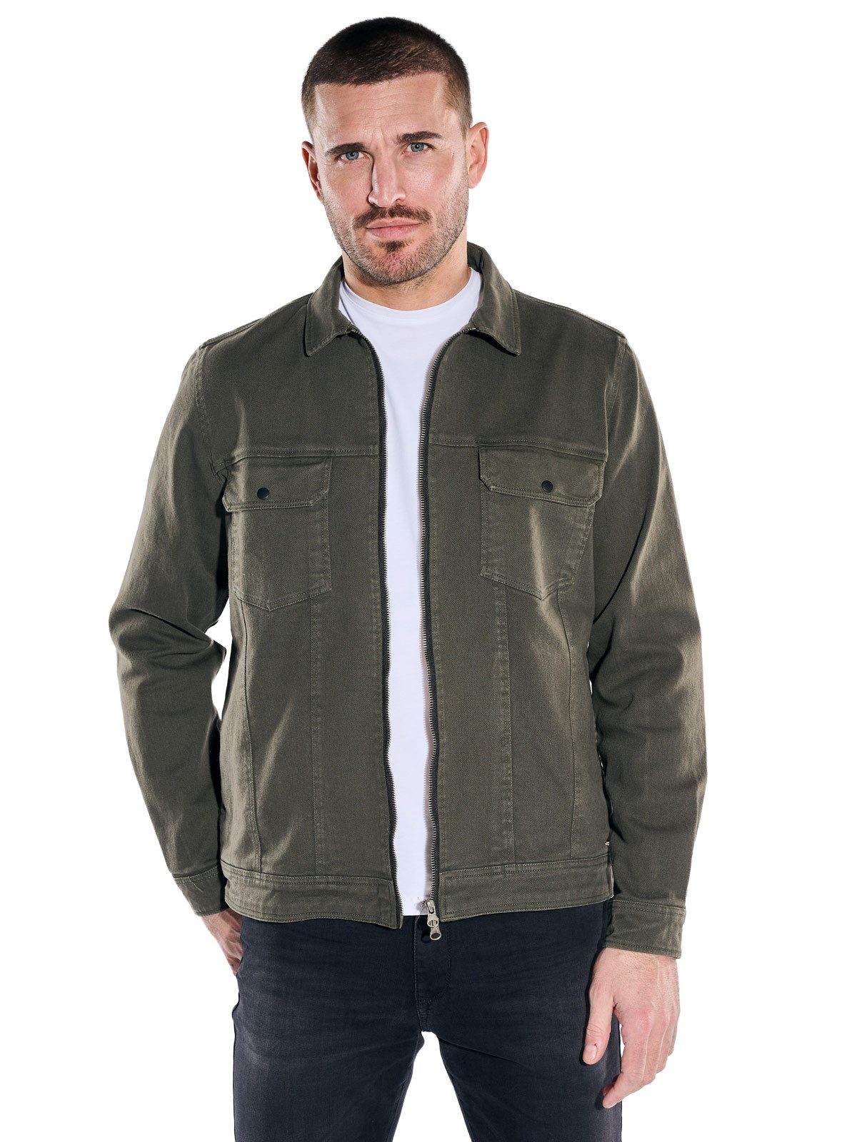 Langarmhemd Herren Overshirt mit Reißverschluss, Oliv