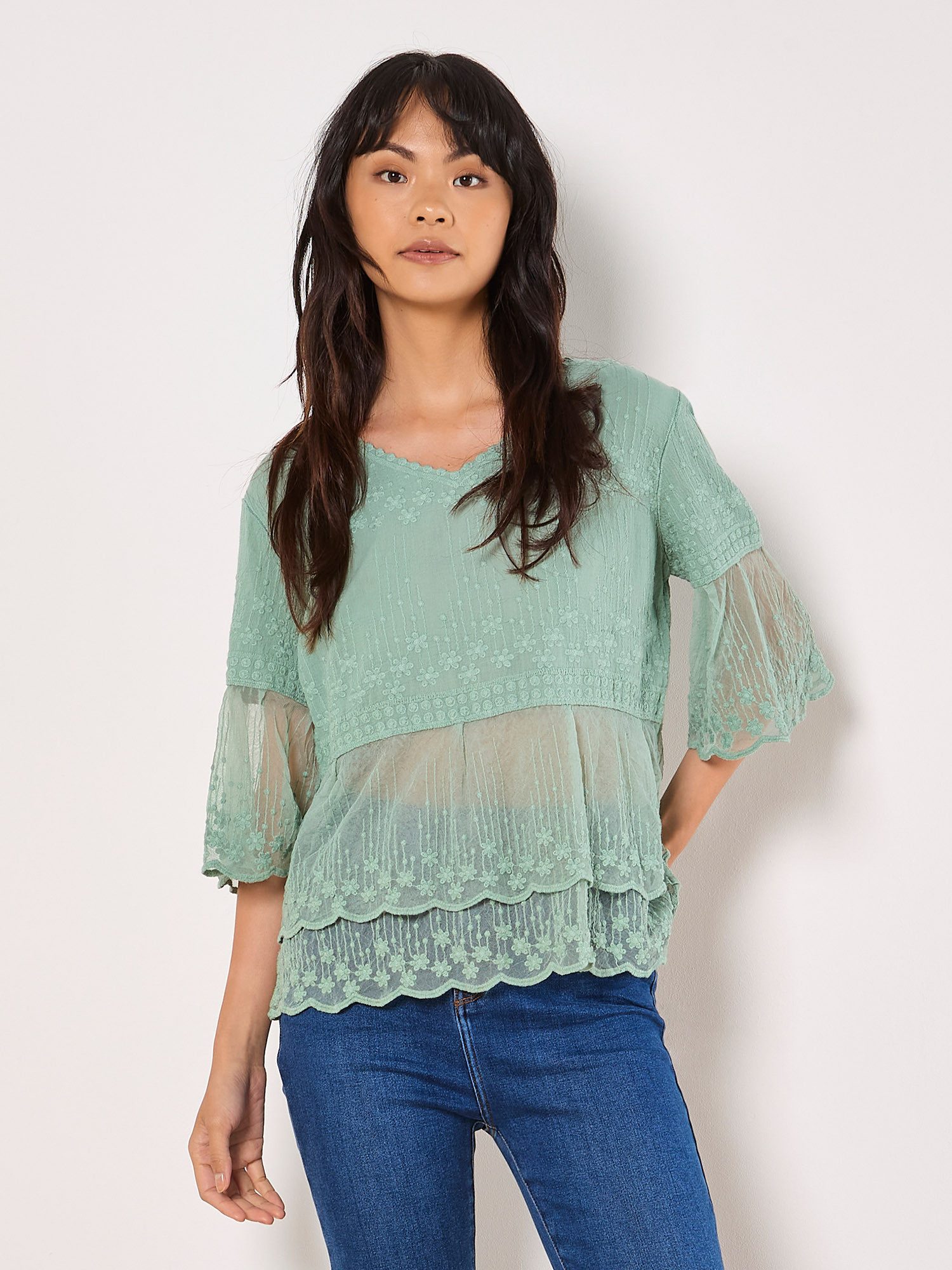Apricot Klassische Bluse Embroidered Cotton Mesh günstig online kaufen