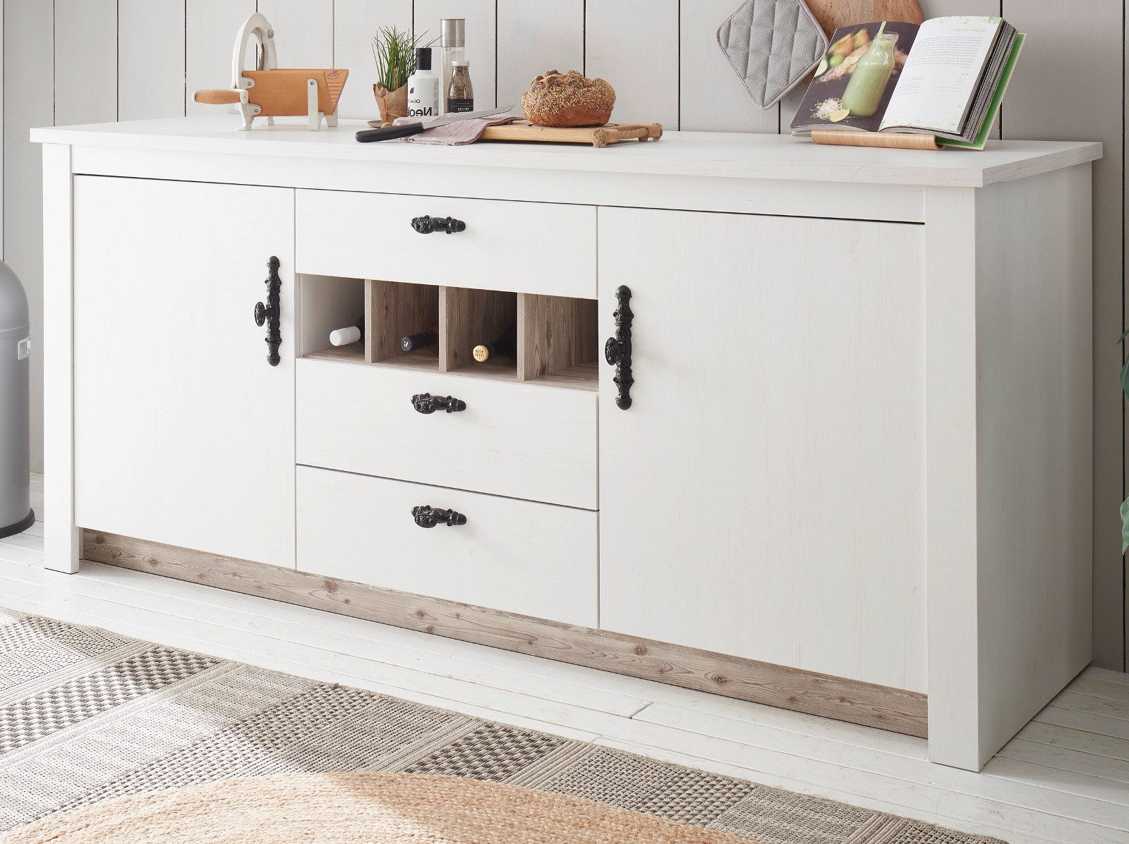 Furn.Design Spülenunterschrank Rovola (Küchenschrank in Pinie weiß Landhaus, 204 x 92 cm) für Spüle oder Ceranfeld, Soft-Close