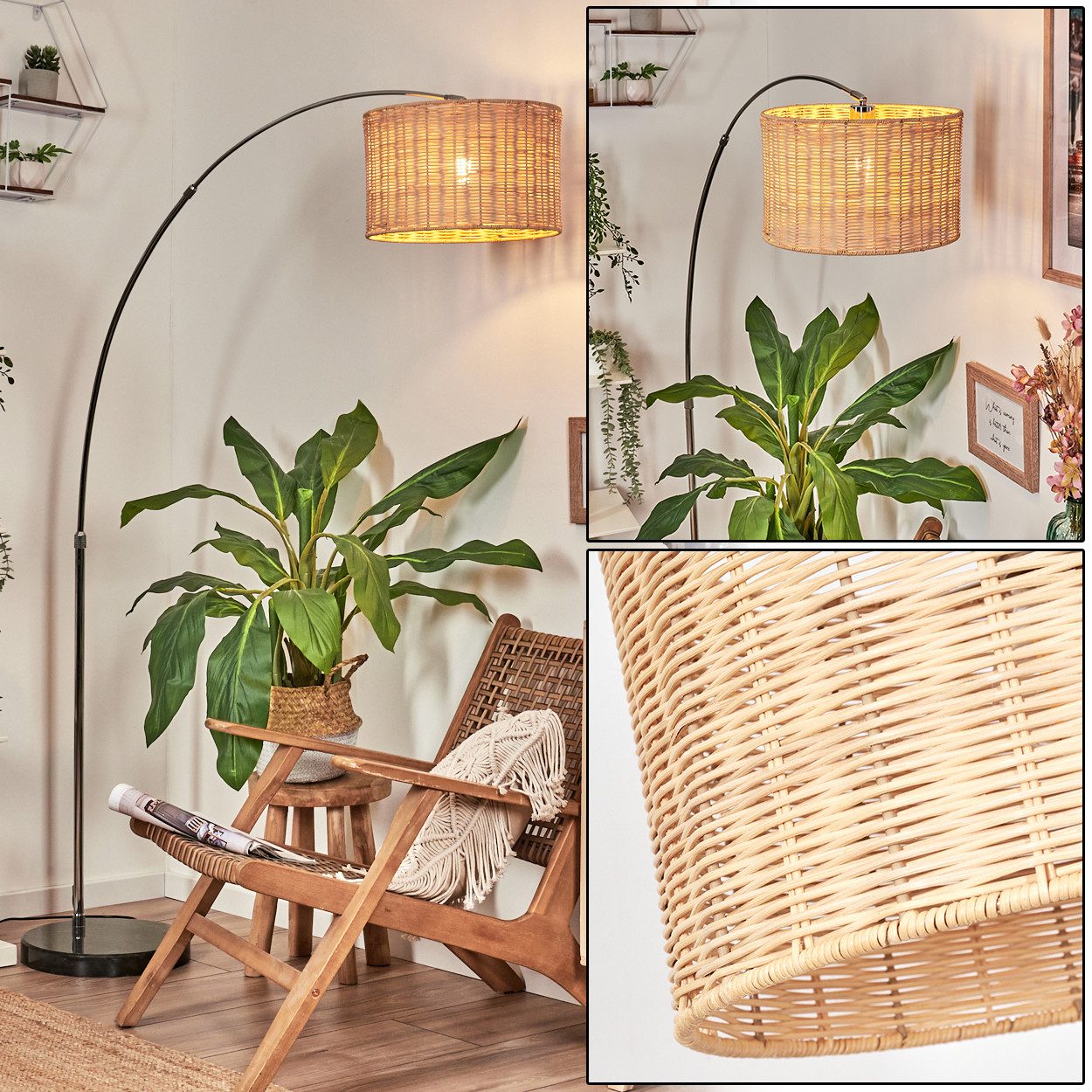 hofstein Bogenlampe Stehlampe aus Metall/Rattan in Schwarz/Chrom/Natur, Stehleuchte im Boho-Design mit Marmorfuß u. Fußschalter (35 cm), E27