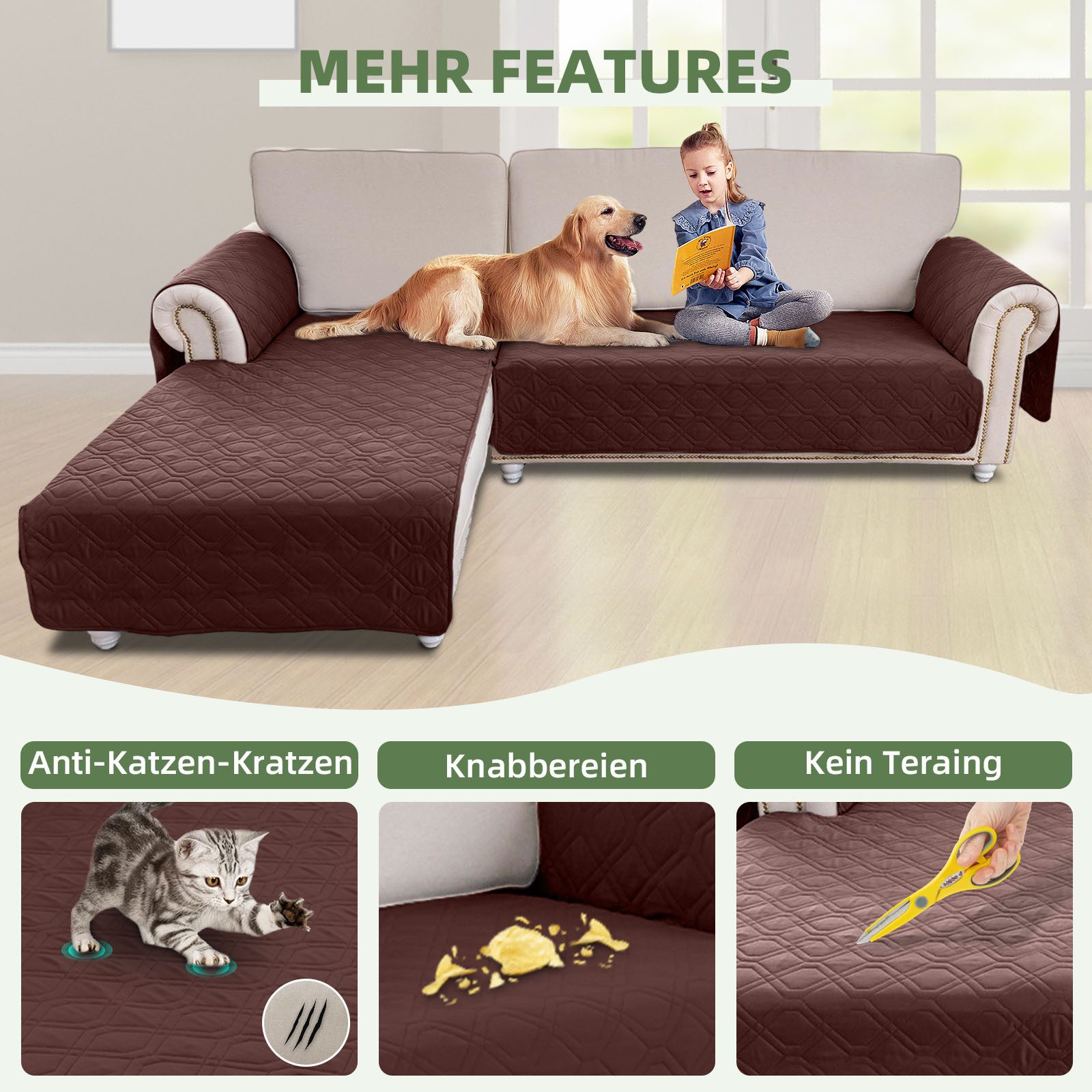 BTTO Sofahusse Sofa Schutz Abdeckung,L-Form wasserdichte Sofaschoner,Schonbezug, Reversible Gesteppte, Pet, Haustier Abdeckung, Kinder, Hunde