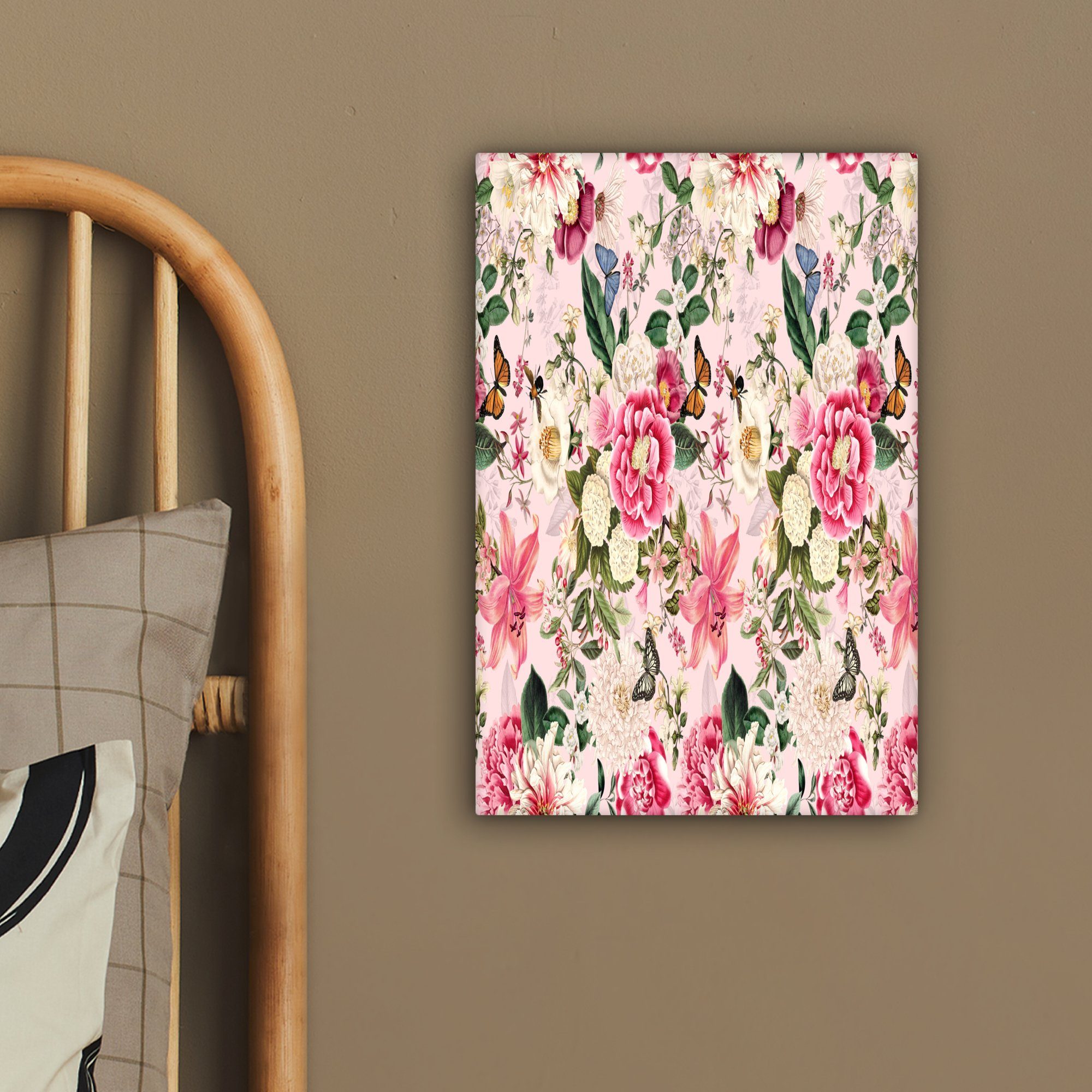 OneMillionCanvasses® Leinwandbild Blumen - Gemälde, Zackenaufhänger, - inkl. fertig Muster, St), bespannt Leinwandbild 20x30 cm Lilie Insekten - (1