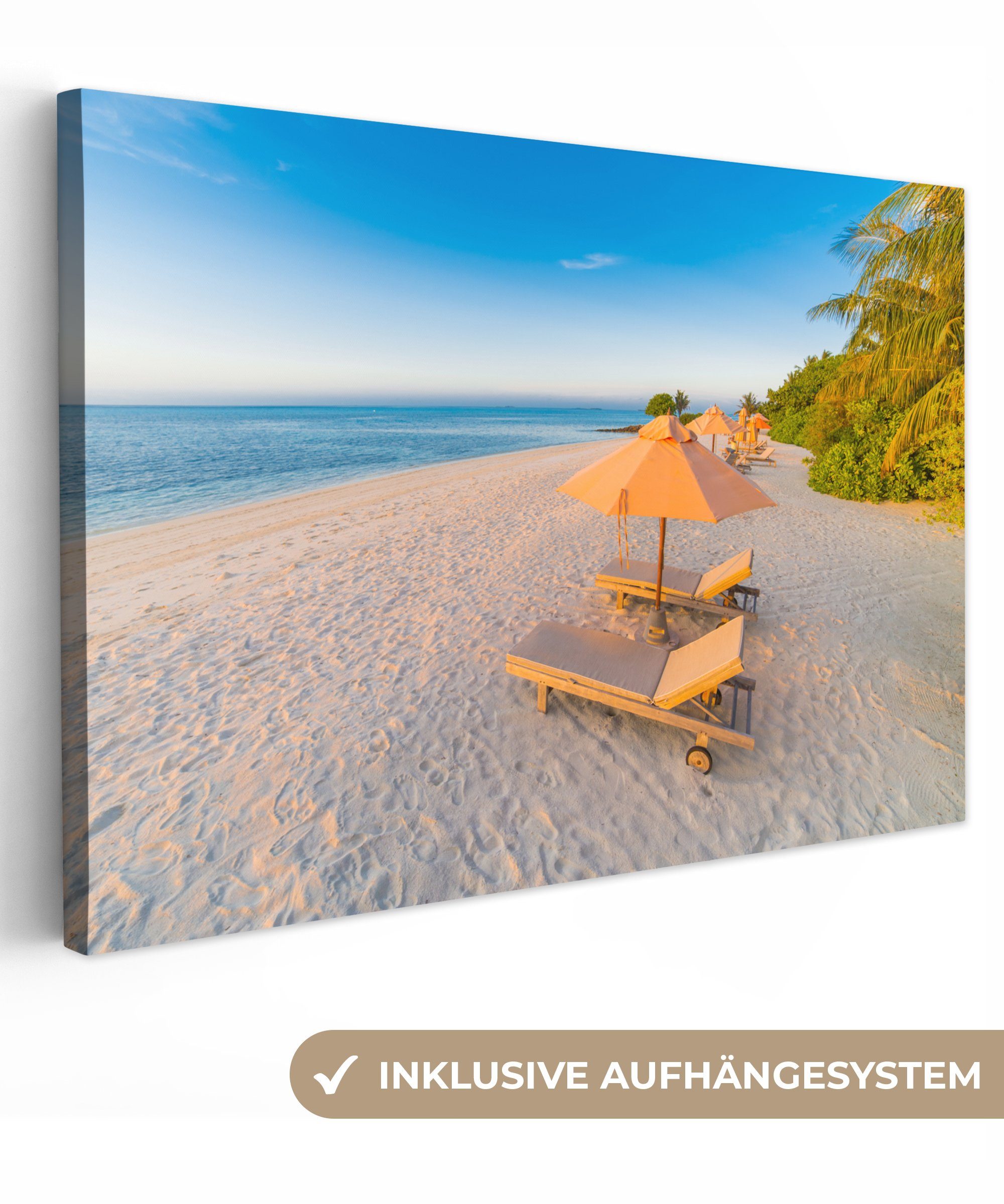 OneMillionCanvasses® Leinwandbild Karibischer Strand mit Strandkorb, (1 St), Wandbild Leinwandbilder, Aufhängefertig, Wanddeko, 30x20 cm