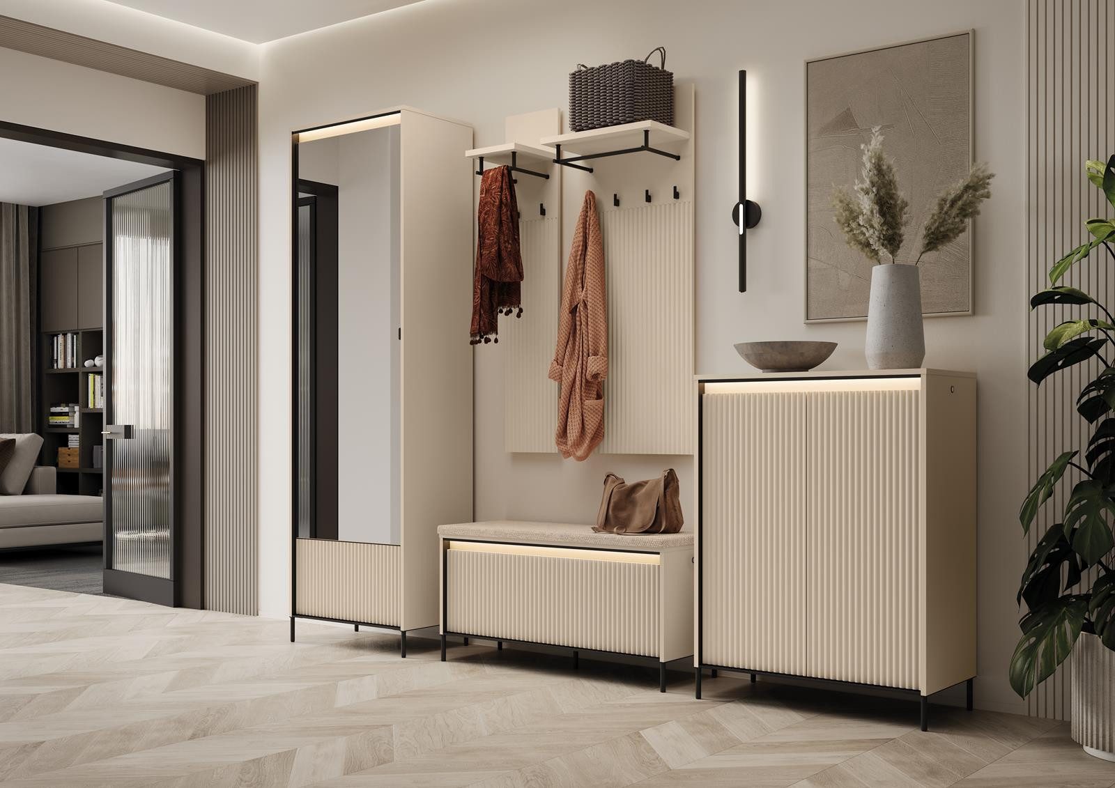 Compleo Sitzbank mit Ablagefach FLORE, Beige, Glamour-Pouf mit geriffelte F günstig online kaufen