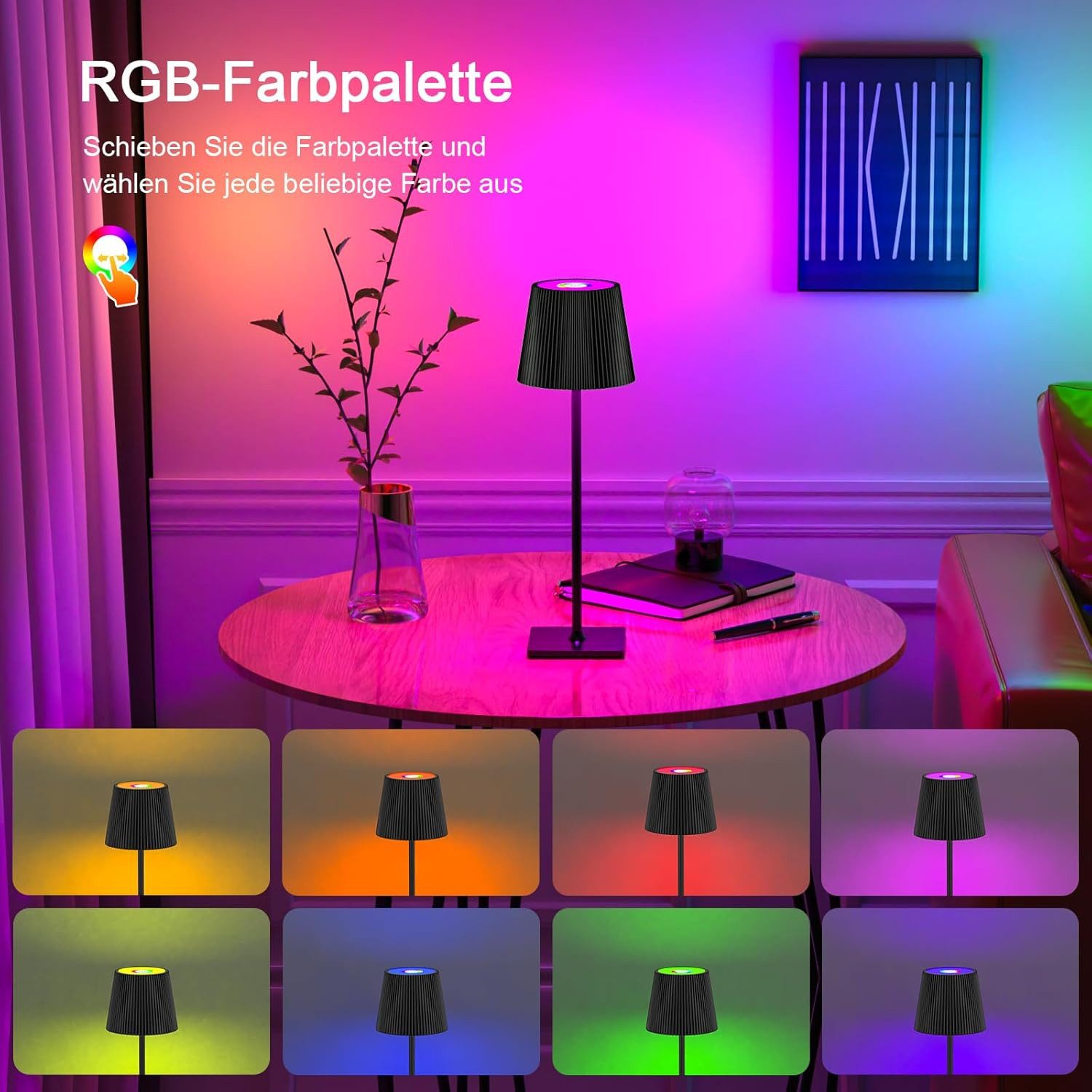 skelo LED Tischleuchte Tischlampe Kabellos Touch Dimmbar RGB 3 Farbtemperatur Nachttischlampe, Wiederaufladbare Tischlampe mit Farbwechsel, Akku Tischlampe Aufladbar, RGB & 3 Farbtemperatur, Warmlicht 3000K, Naturlicht 4000K, Kaltlicht 6500K, RGB-Lichtmodus, Höhenverstellbar (40,5 cm/26 cm), Tragbar, Dimmbar