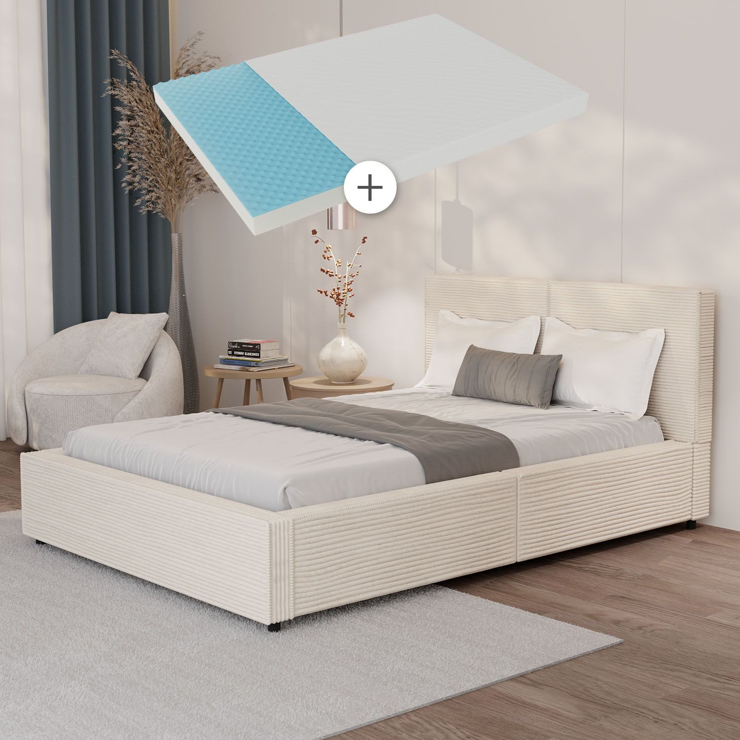 Juskys Polsterbett Salerno, Cord Design, bis 500 kg belastbar, Pflegeleicht mit Polsterung