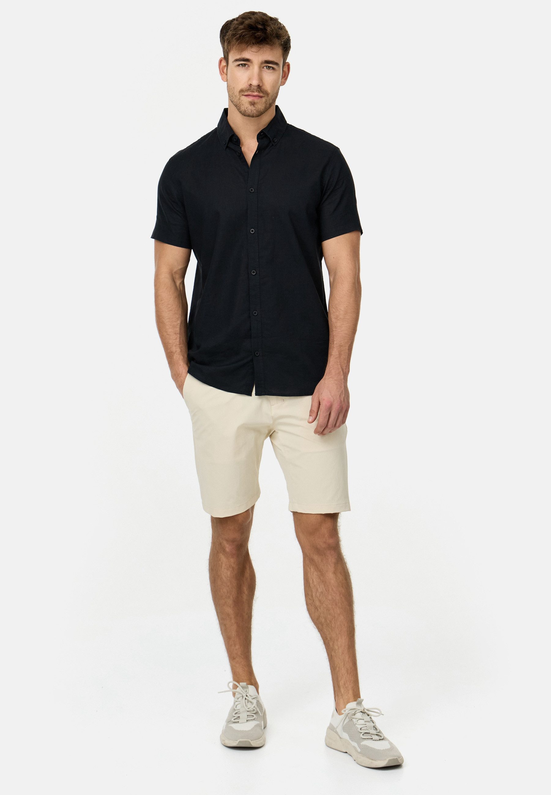 Indicode Kurzarmhemd Herren INBravida Herrenhemd Kurzarm aus einem leichtem Leinenmix, mit Button-Down-Kragen
