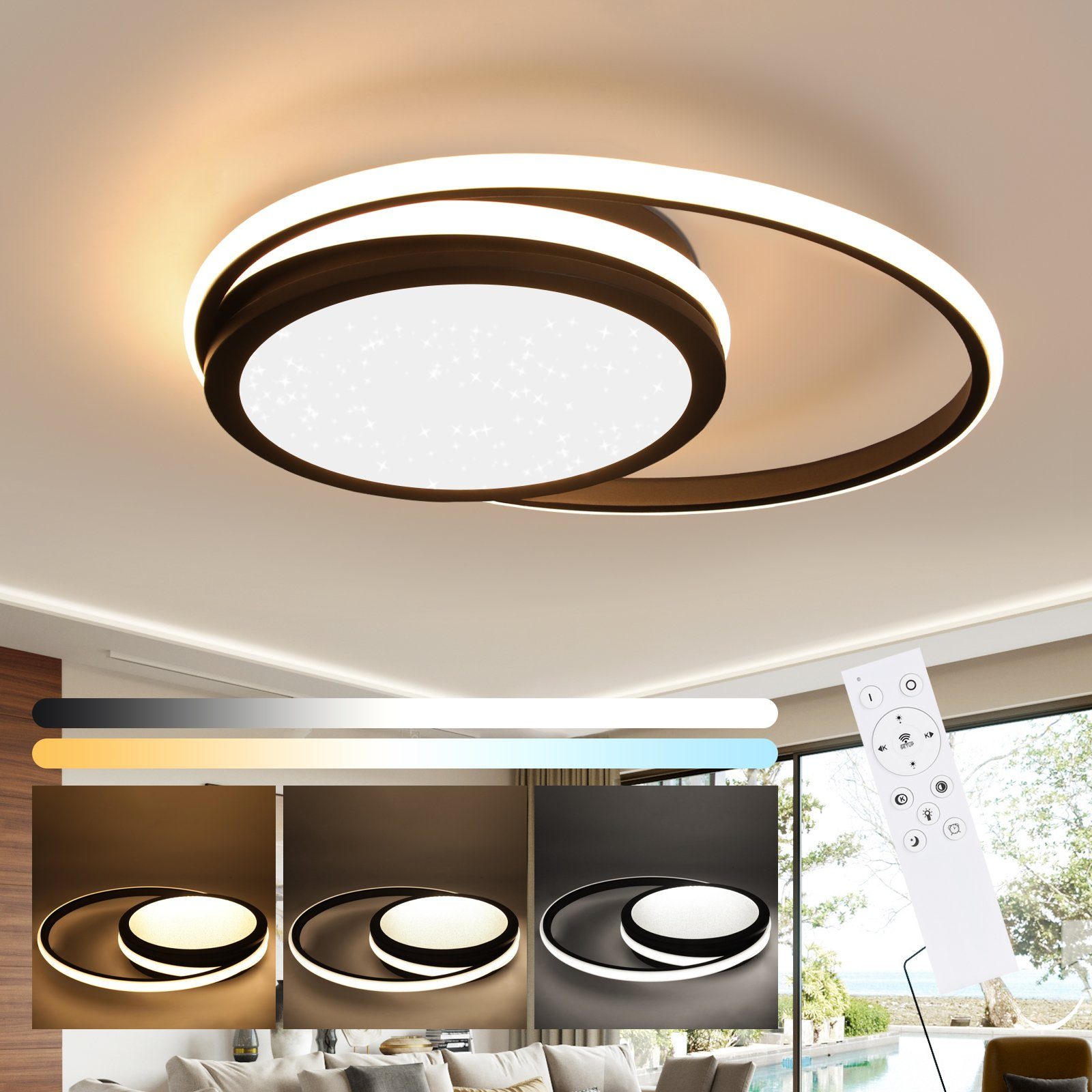 Nettlife LED Deckenleuchte Dimmbare Moderne runde 56 W mit Sternenhimmel Design Schwarz