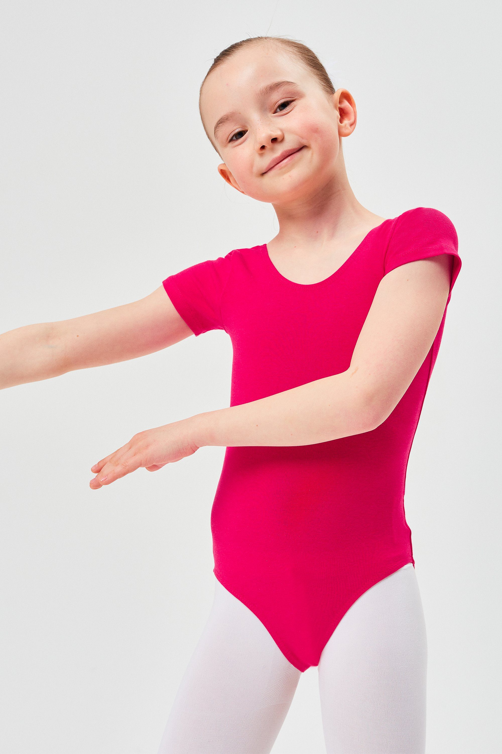 tanzmuster Body Ballettbody Sally aus weicher Baumwolle Kurzarm Trikot fürs Kinder Ballett pink