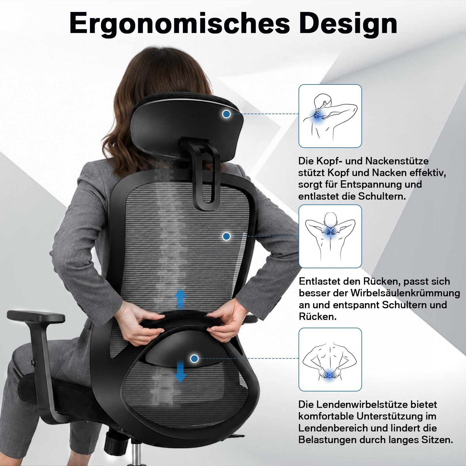 Milacyee Bürostuhl Chefsessel Wippfunktion 200kg belastbar ergonomisch,Bürostuhl (Verstellbare und feststellbare Lendenstütze + Kopfstütze + höhenverstellbare Armlehnen), maximale Neigung bis 130°.