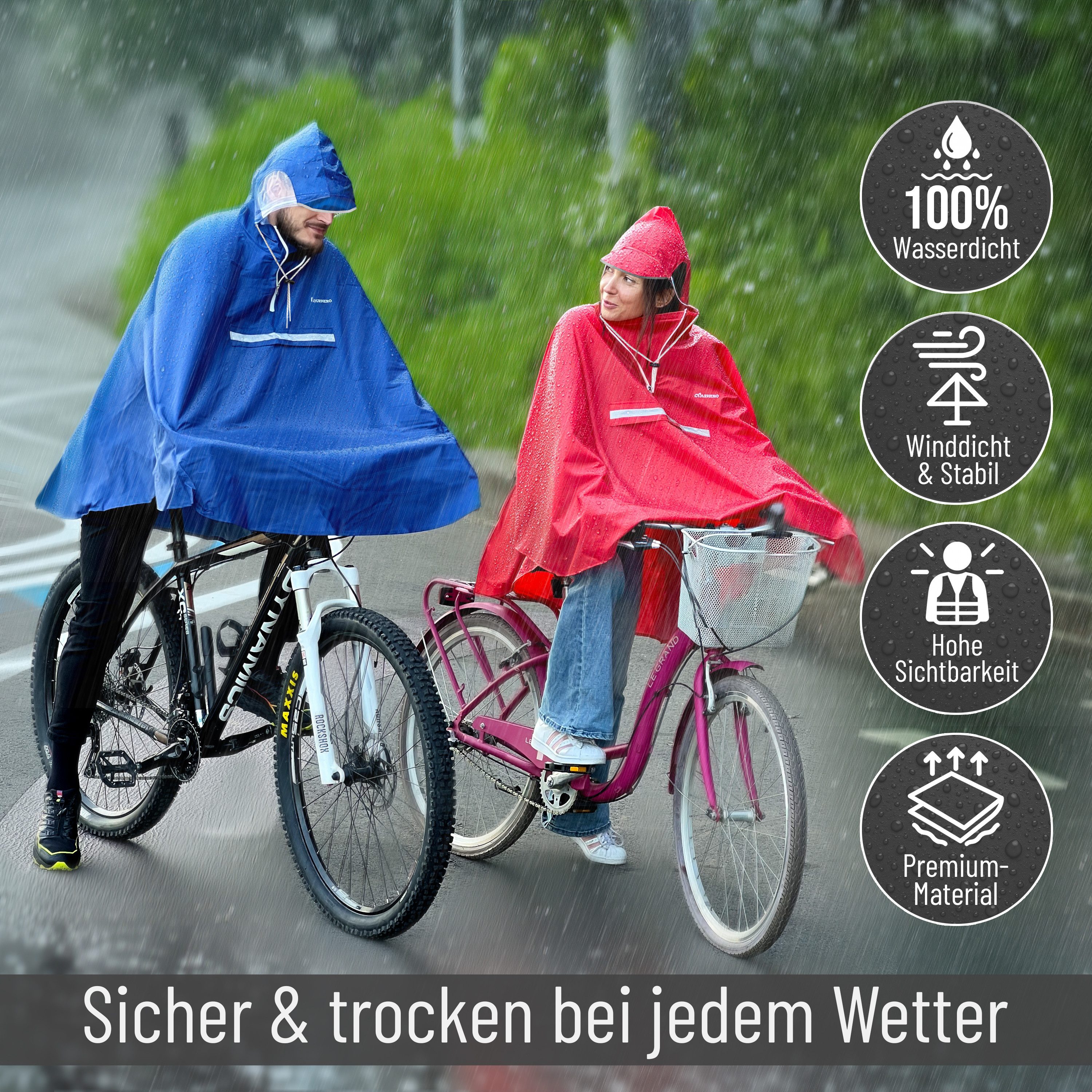 CYCLEHERO Regenponcho Fahrrad mit Reflektoren, wasserdicht, Blau, L, Unisex (1-St., L) Windstabiler Sitz, rucksacktauglich und platzsparend verstaubar